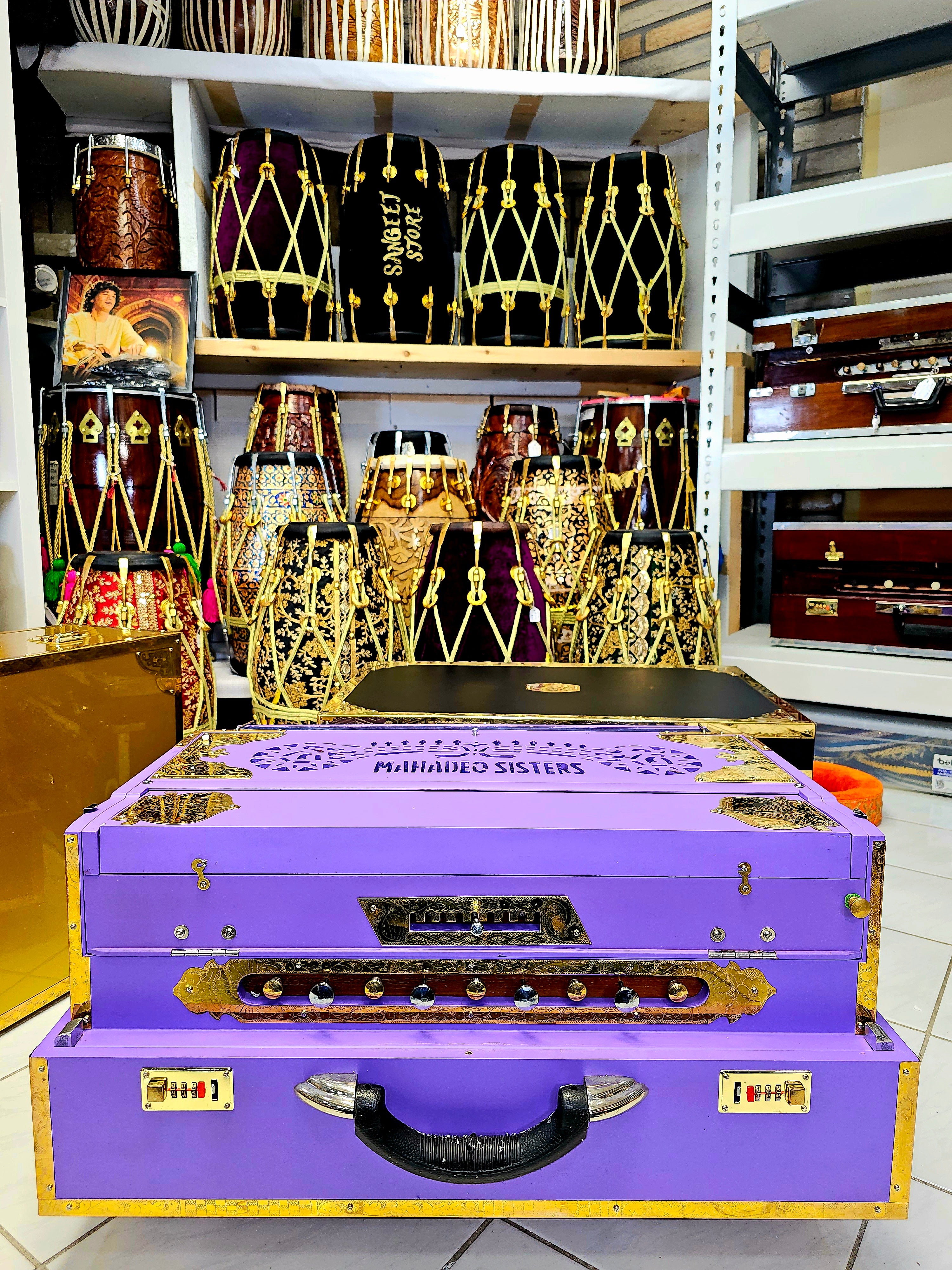 Mahadeo Sisters' Signature Harmony: Custom Matte Violet 9 Scale-Changer 3 Reed MMF Sangeet Store Harmonium with Black Keys and Gold Accessories