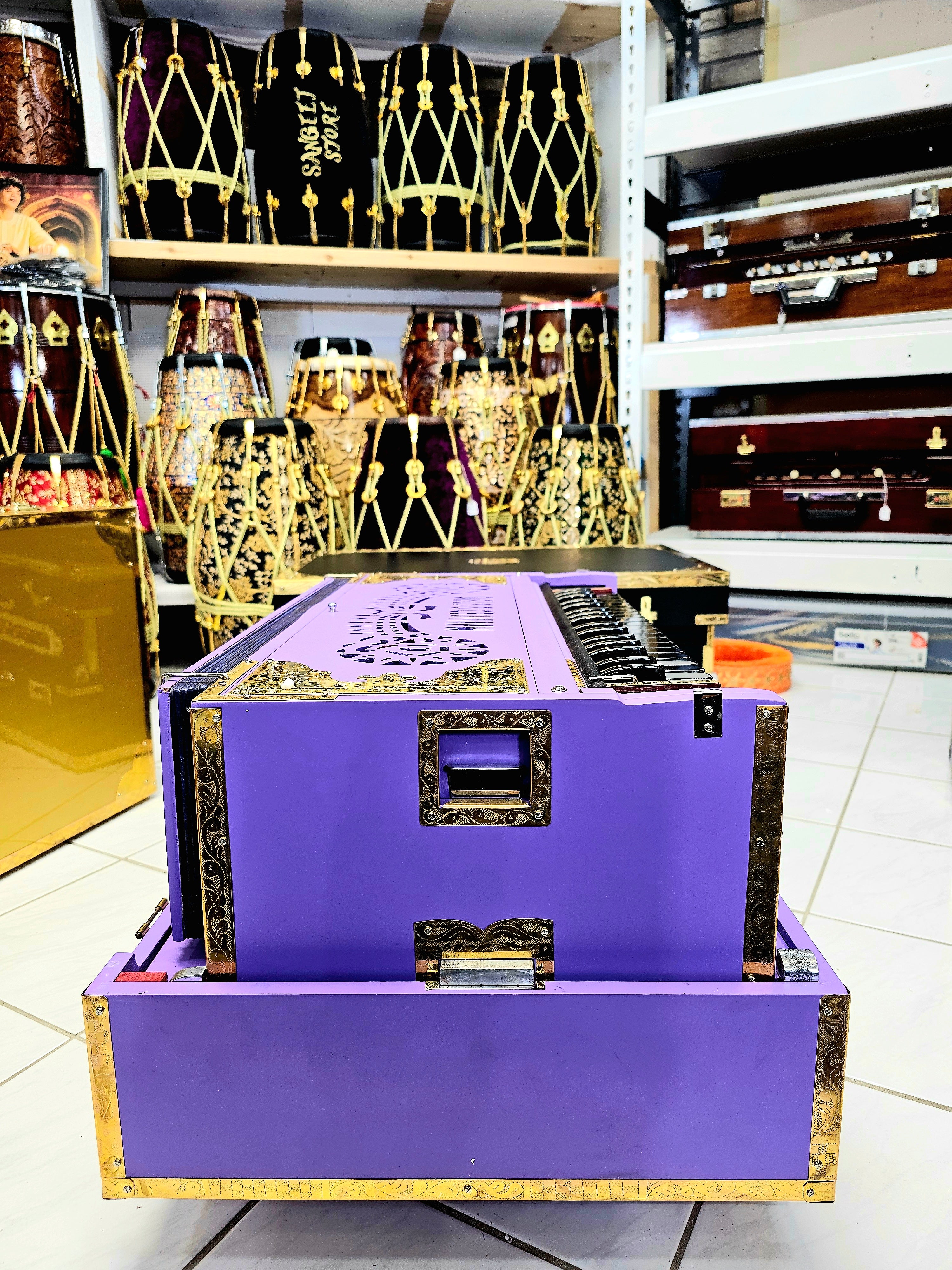 Mahadeo Sisters' Signature Harmony: Custom Matte Violet 9 Scale-Changer 3 Reed MMF Sangeet Store Harmonium with Black Keys and Gold Accessories