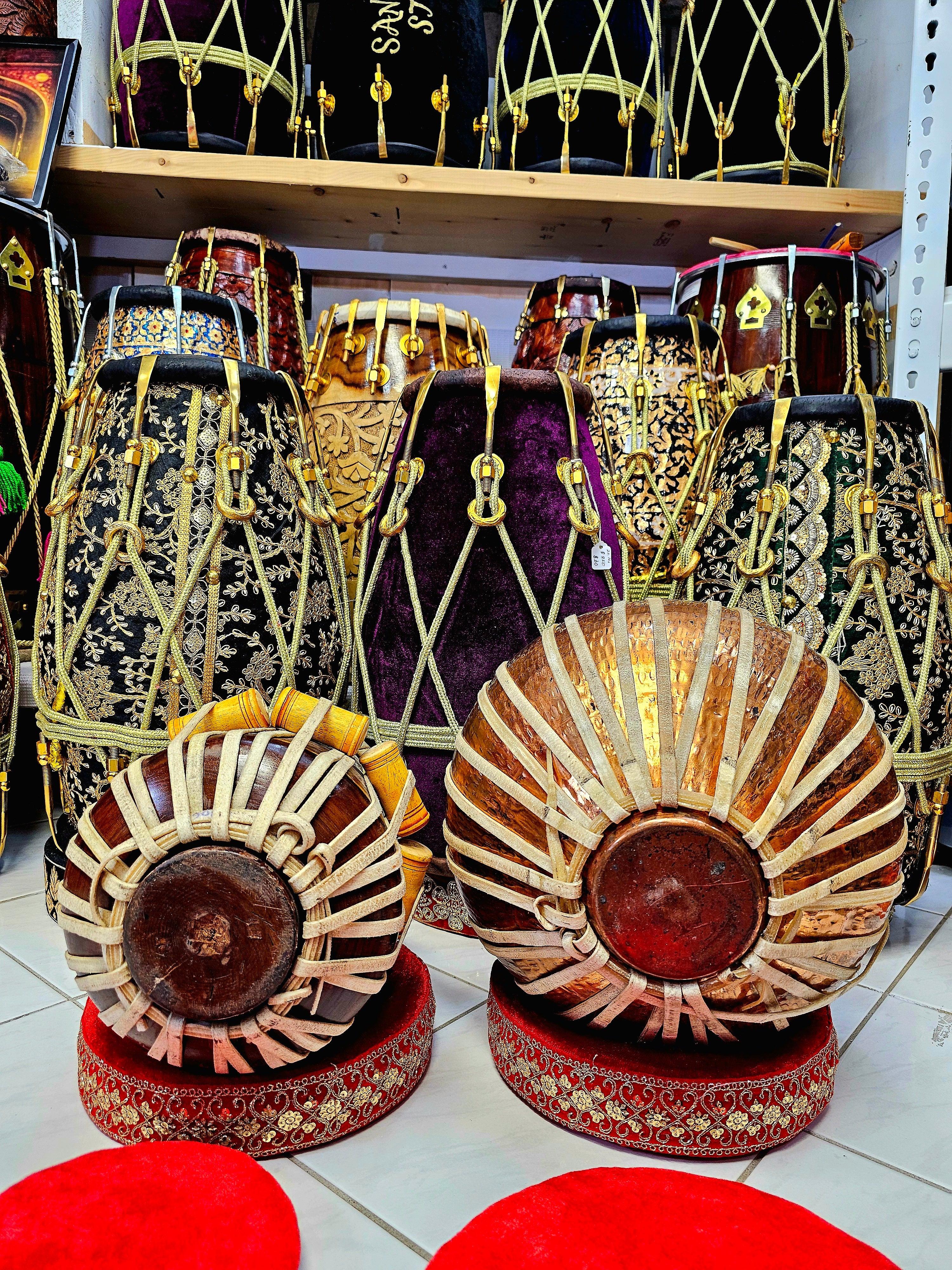 Antique Melodics: 5.75" Red Sheesham E/F Dayan with 9.25" Antique Bronze Copper Bayan Mohd. Sharif Tabla Set