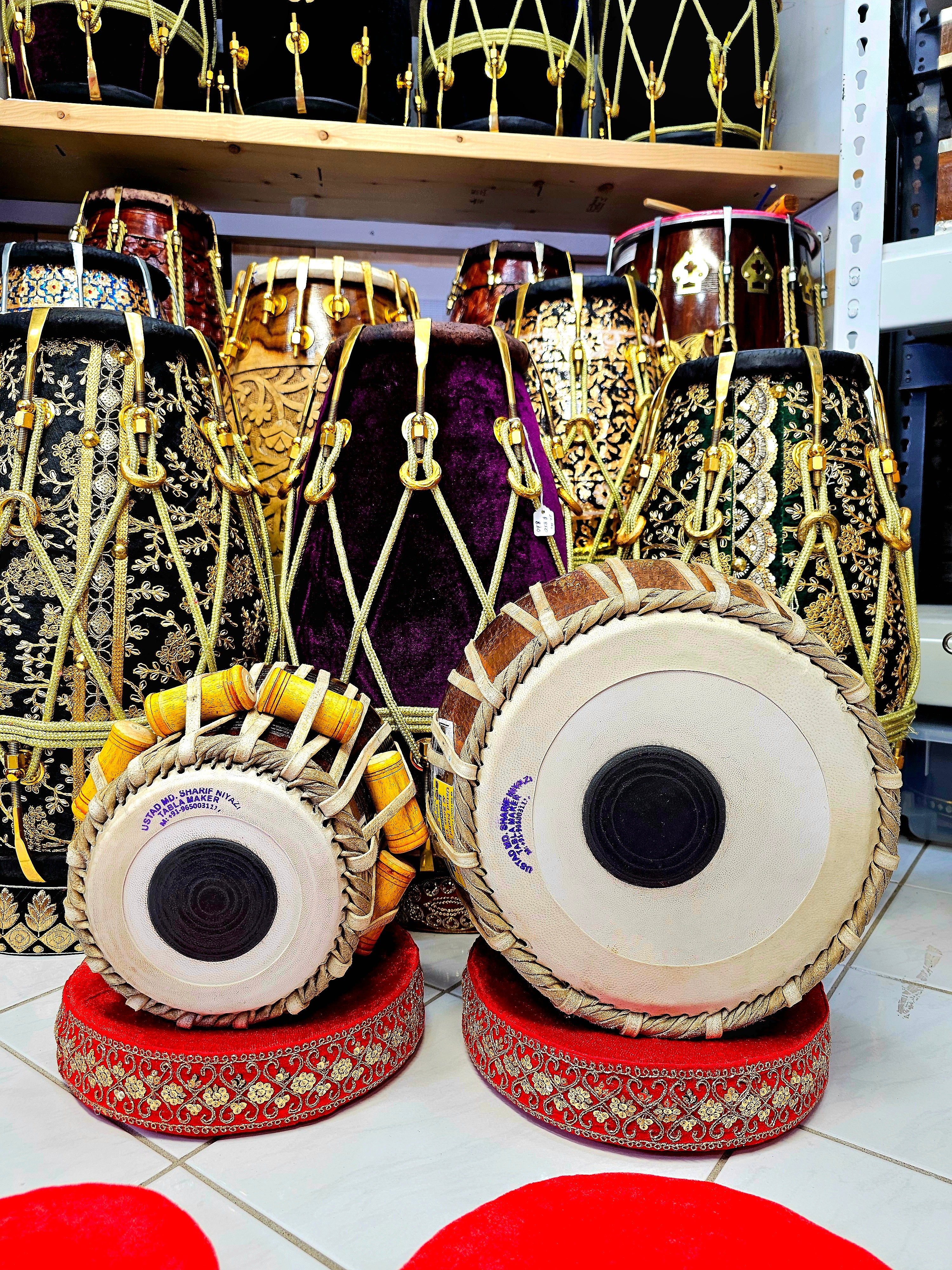 Antique Melodics: 5.75" Red Sheesham E/F Dayan with 9.25" Antique Bronze Copper Bayan Mohd. Sharif Tabla Set
