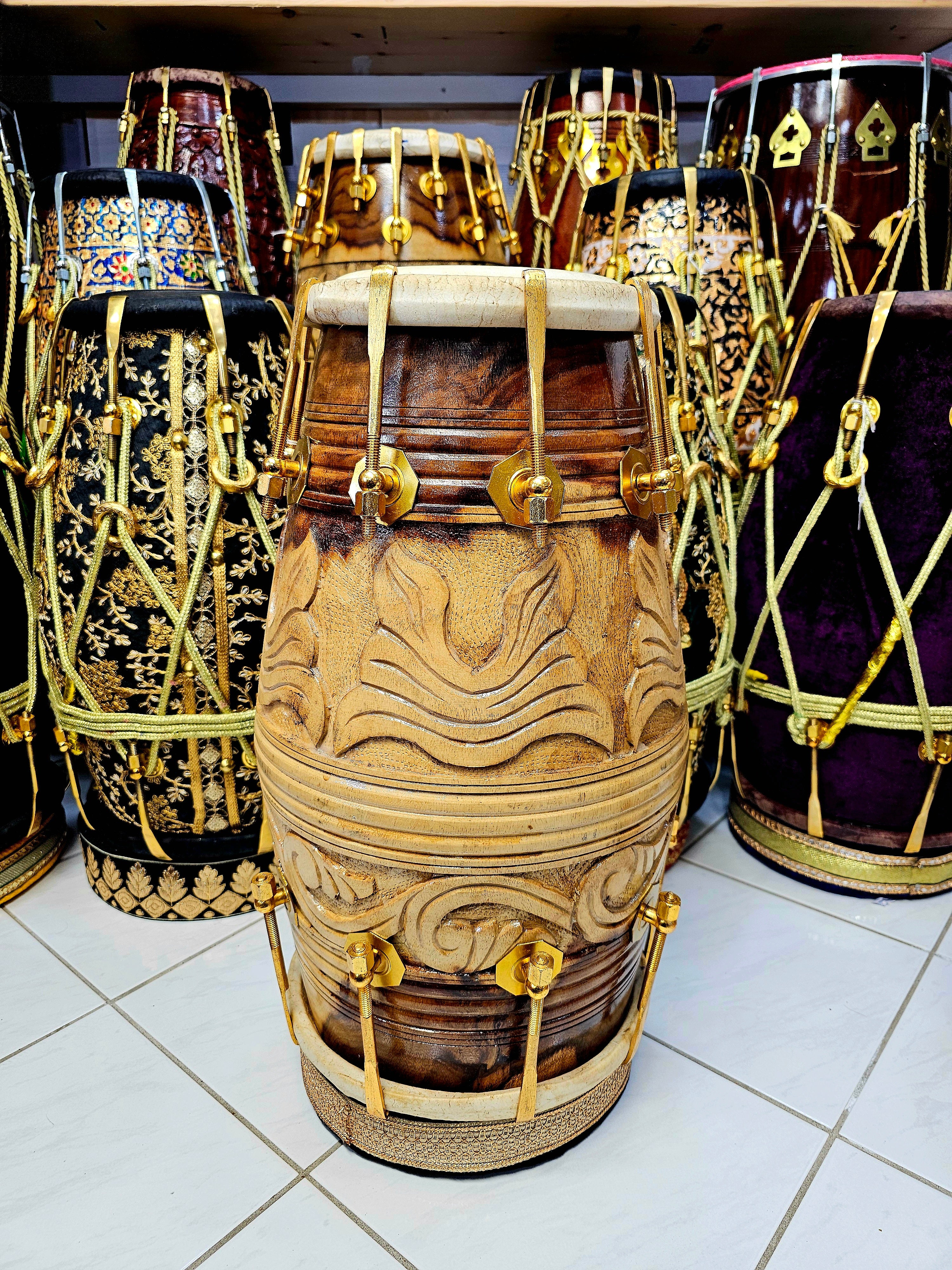Majestic Melodies: 2-Tone Encarved Red Sheesham Dholak with Golden Pure Brass Bolts