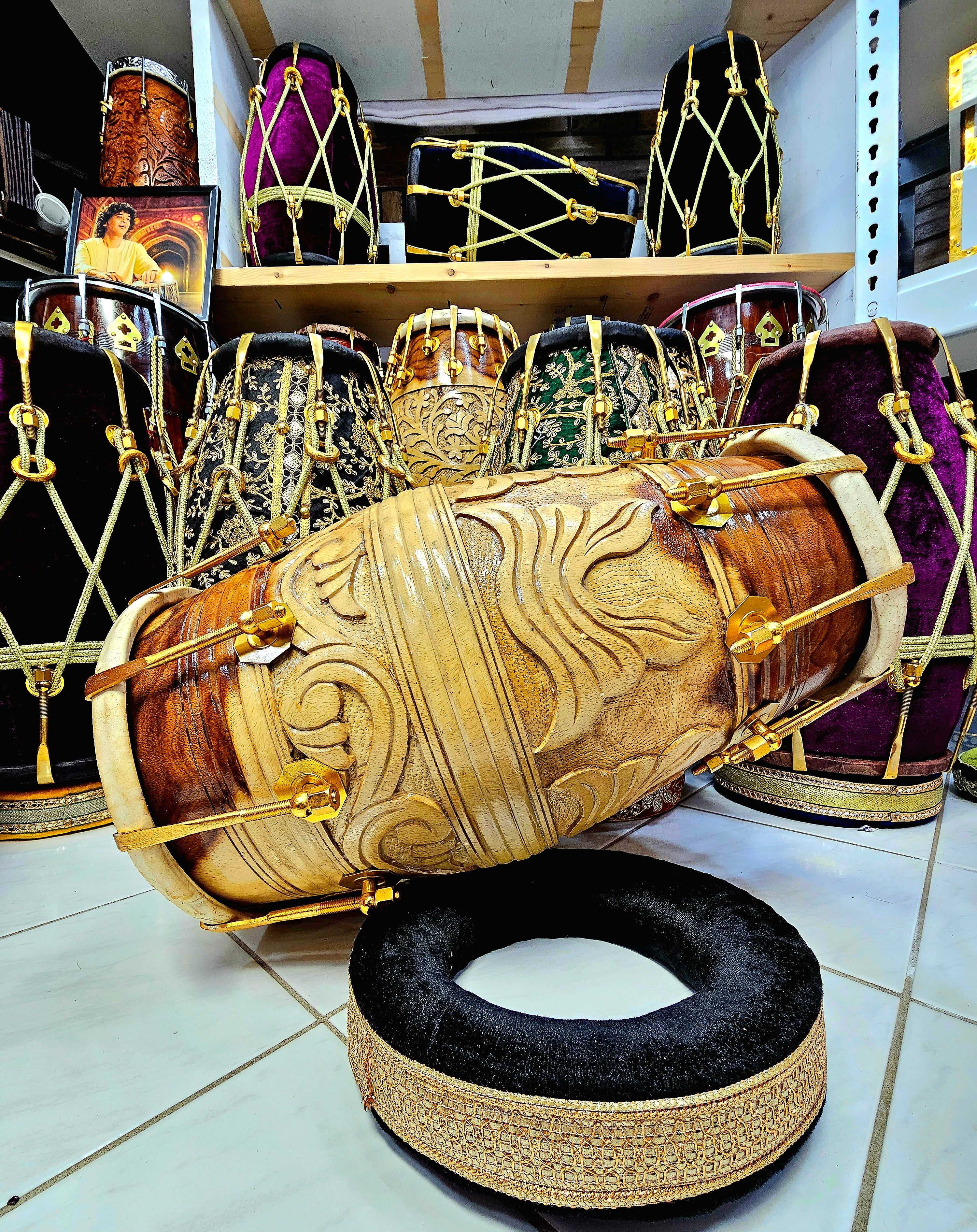 Majestic Melodies: 2-Tone Encarved Red Sheesham Dholak with Golden Pure Brass Bolts