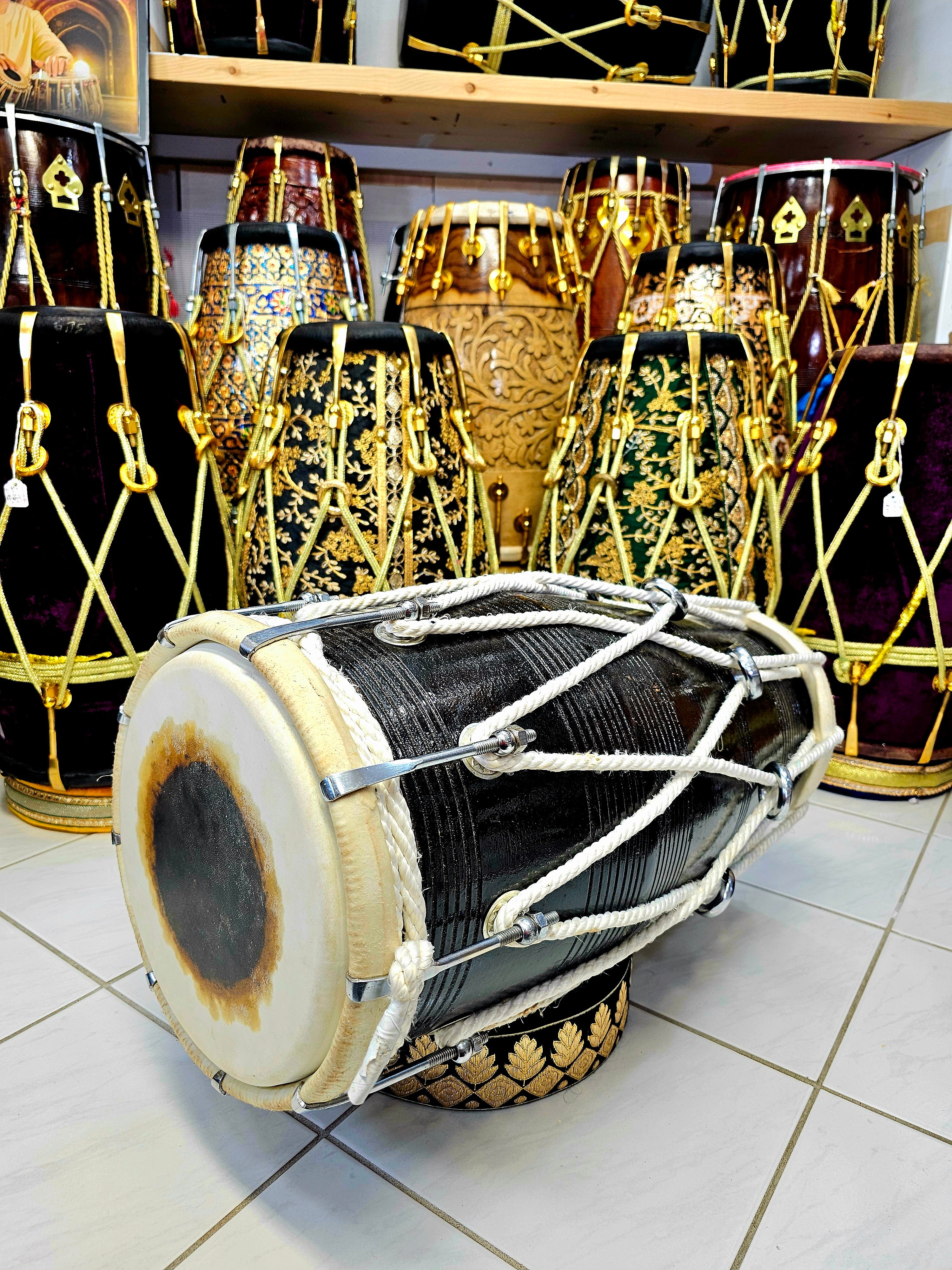 Versatile Percussion: 23" Long Black Mango Wood Professional Dholak - Hybrid Half-Roped, Half-Bolted Design