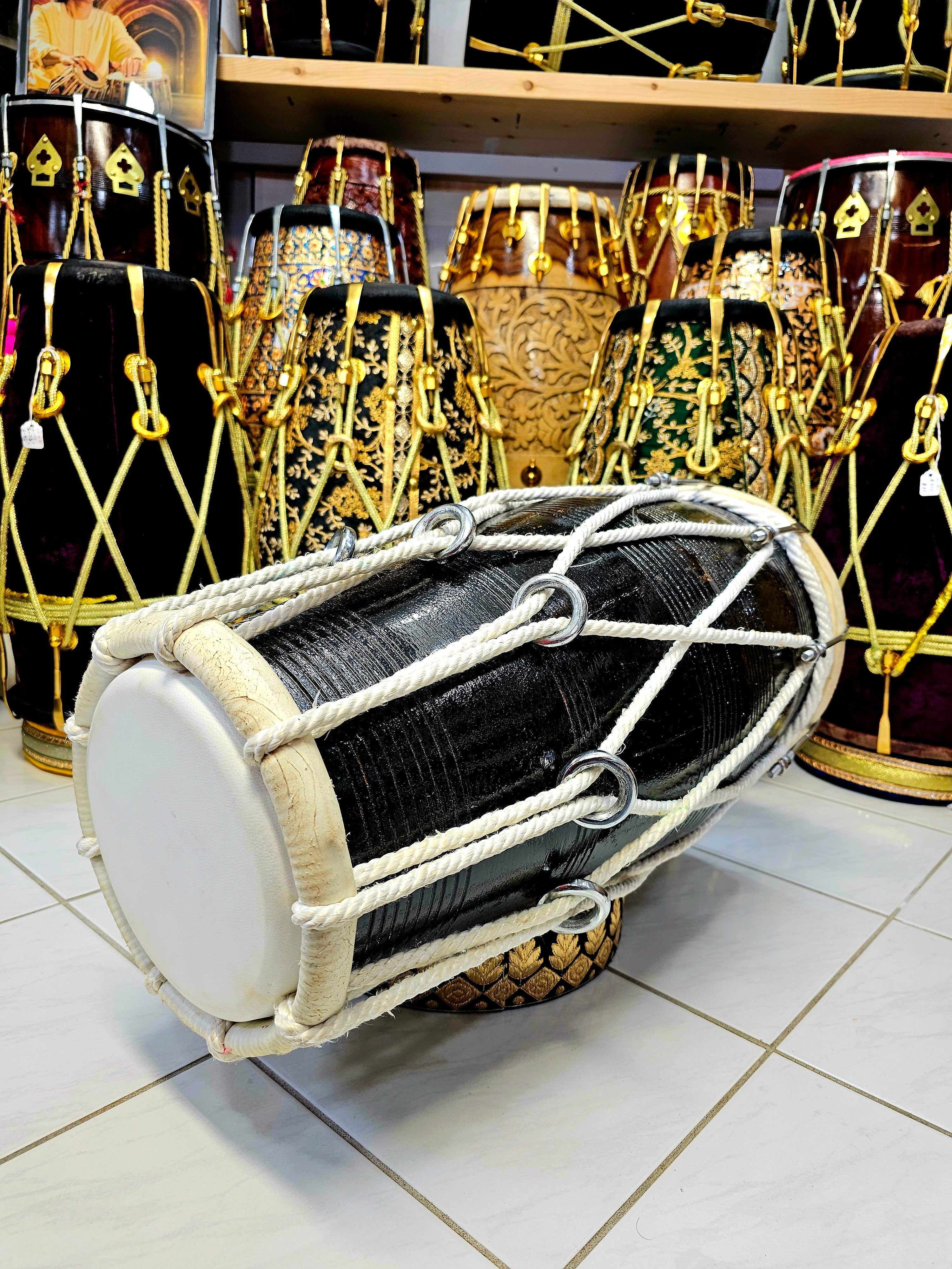 Versatile Percussion: 23" Long Black Mango Wood Professional Dholak - Hybrid Half-Roped, Half-Bolted Design