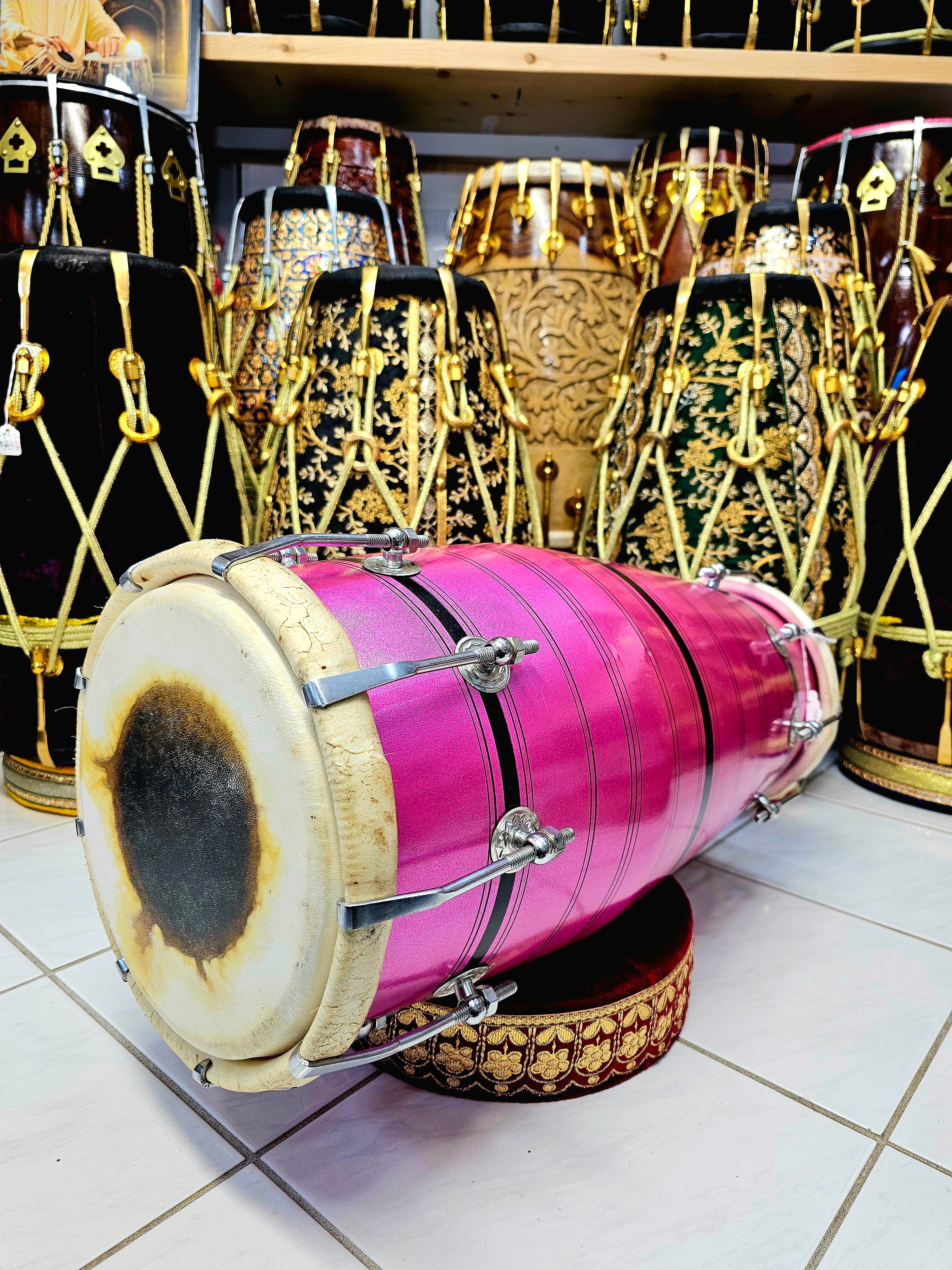 Harmonic Blush: Pink Professional Mango Wood Dholak with Black Stripes, Minor Cosmetic Defects, and Artfully Repaired Crack *Clearance Sale*