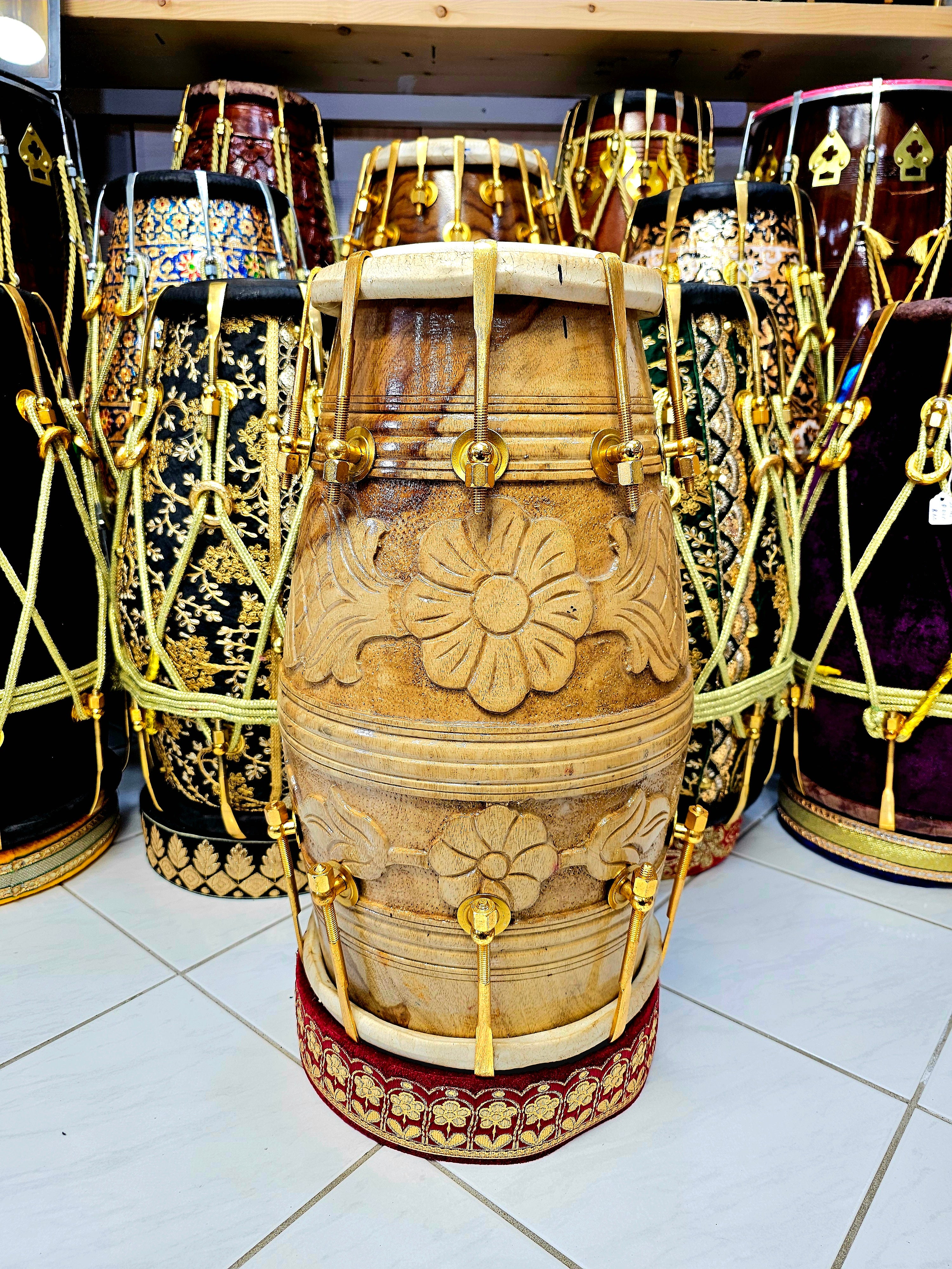 Blossom Beats: Floral Encarved 2-Tone Red Sheesham Dholak with Golden Pure Brass Bolts
