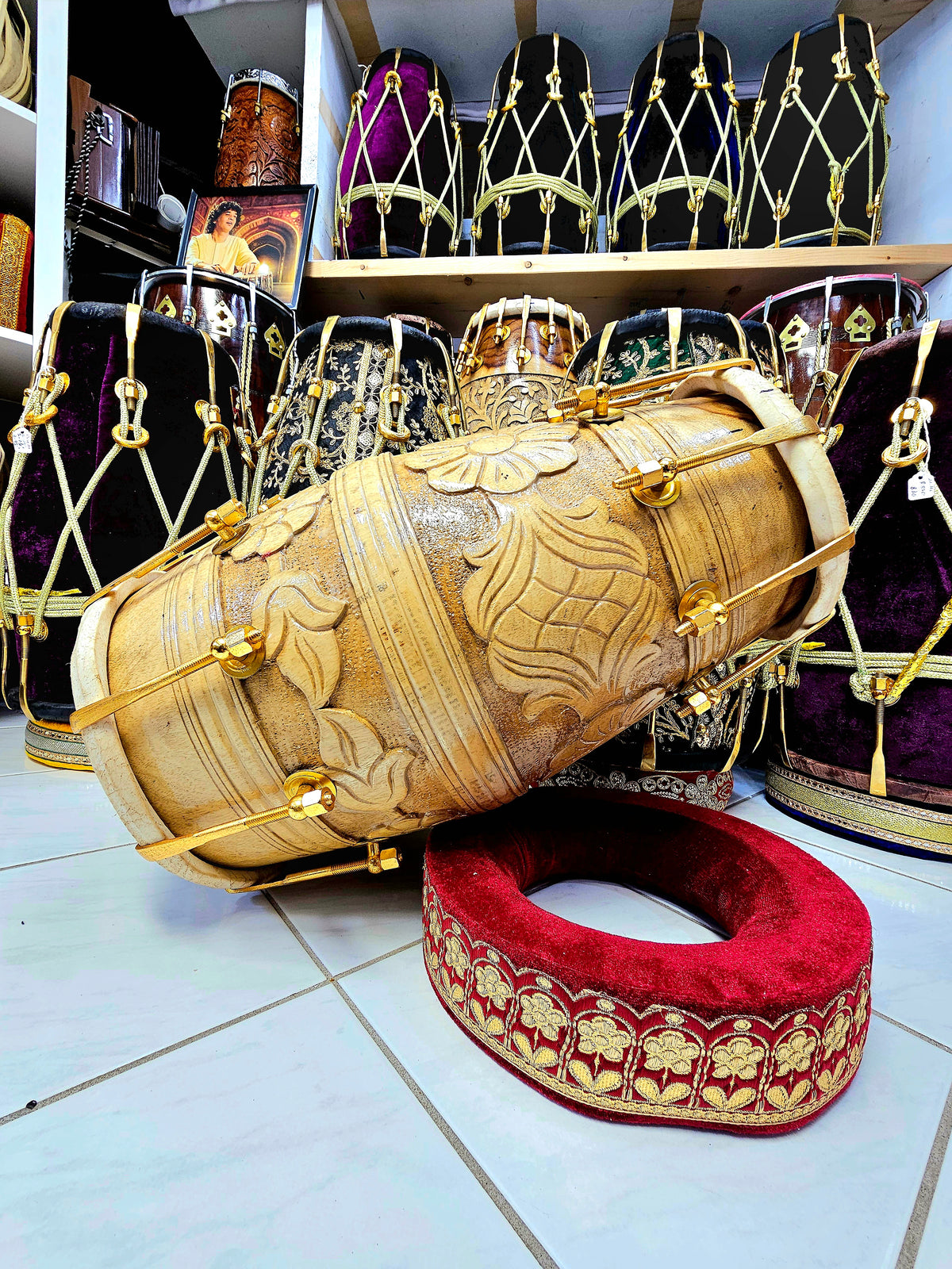 Blossom Beats: Floral Encarved 2-Tone Red Sheesham Dholak with Golden Pure Brass Bolts *Clearance Sale*