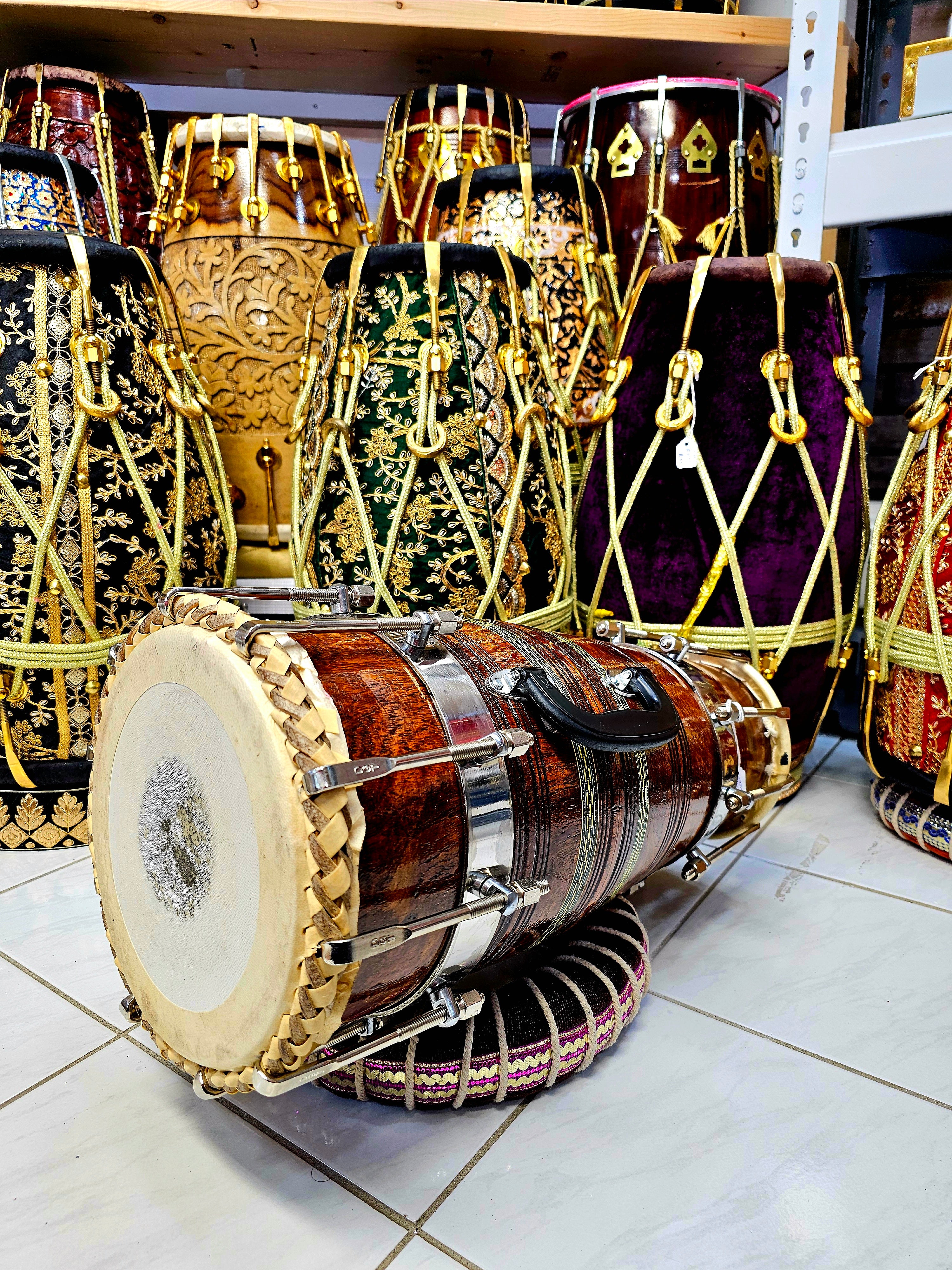 Echoes of Tradition: Brown Bolted Traditional Red Sheesham Dholki (Naal) with Handle