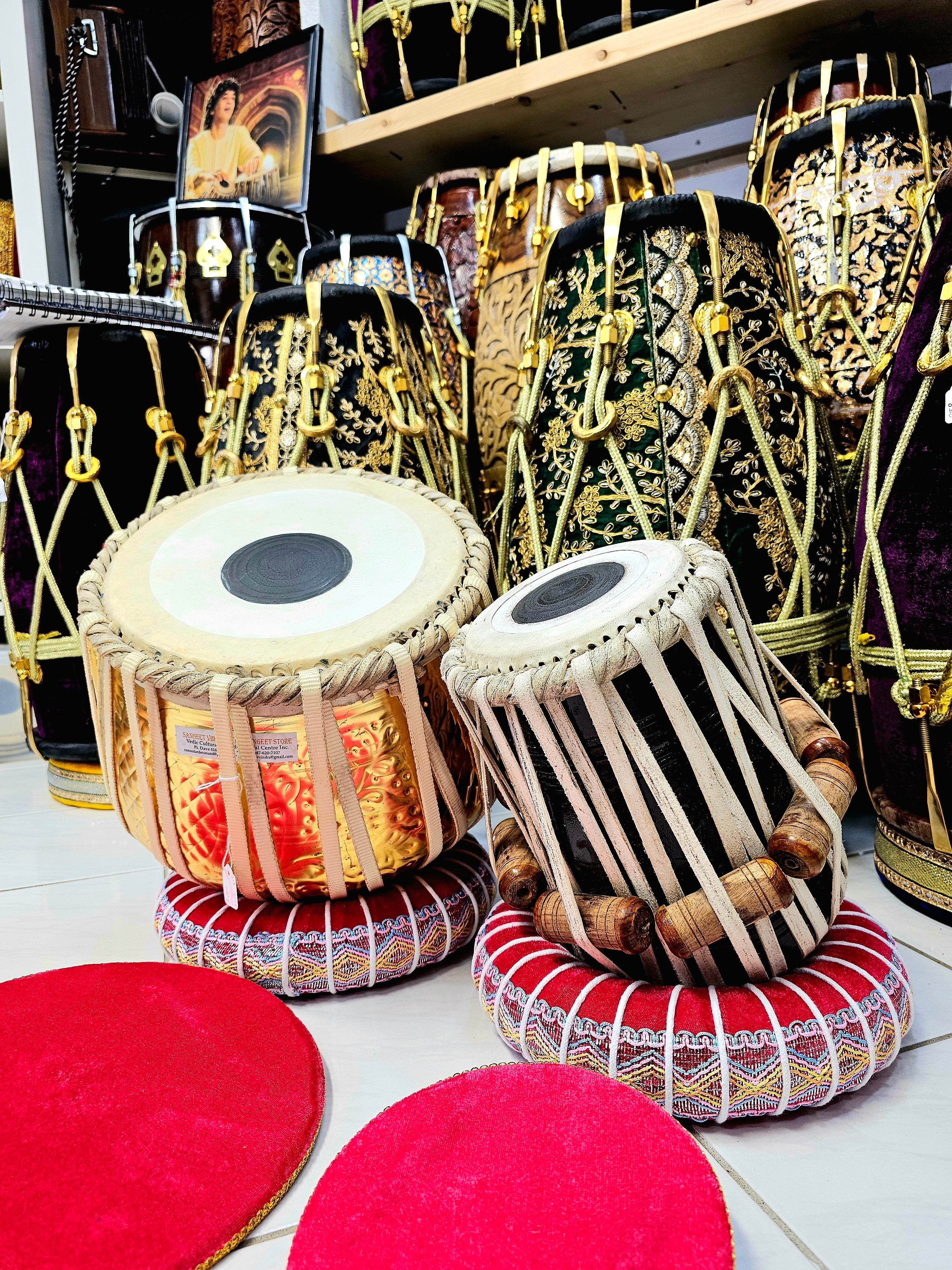 Melodic Fusion: 5" Mango Wood E/F# Dayan with Slight Ringing Sound, *Minor Cosmetic Defects/Ghatta Chips + 9.5" 3.9kg Encarved Golden Brass Bayan Professional Tabla Set
