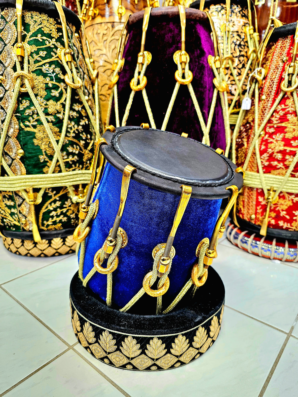 Sapphire Serenade: 6.25" Red Sheesham Half-Dholak with Blue Velvet Wrap, Golden Brass Accents, Ropes Design, and Ebony Black Skin *Minor Skin Discolouration*