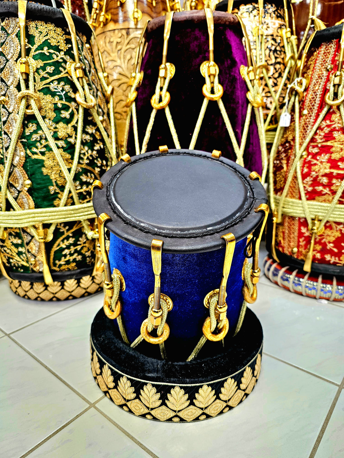 Sapphire Serenade: 6.25" Red Sheesham Half-Dholak with Blue Velvet Wrap, Golden Brass Accents, Ropes Design, and Ebony Black Skin *Minor Skin Discolouration*