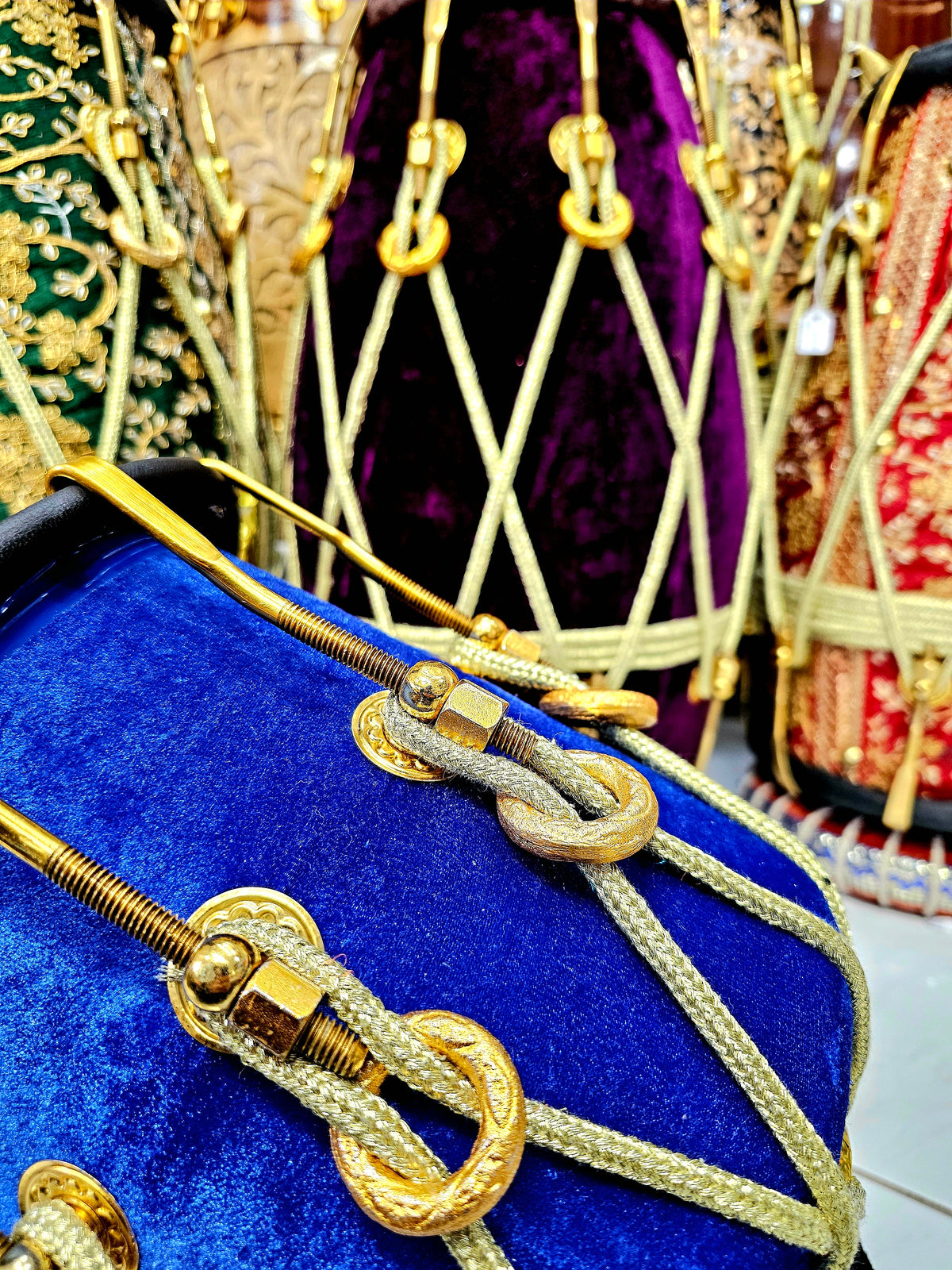 Sapphire Serenade: 6.25" Red Sheesham Half-Dholak with Blue Velvet Wrap, Golden Brass Accents, Ropes Design, and Ebony Black Skin *Minor Skin Discolouration*