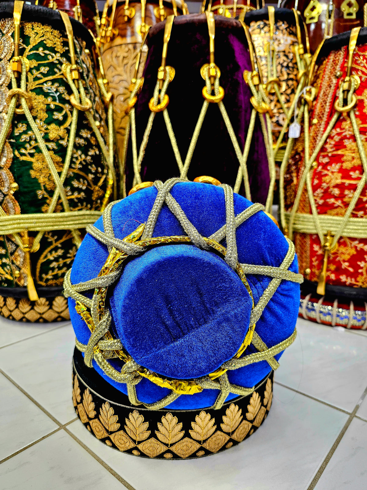 Sapphire Serenade: 6.25" Red Sheesham Half-Dholak with Blue Velvet Wrap, Golden Brass Accents, Ropes Design, and Ebony Black Skin *Minor Skin Discolouration*