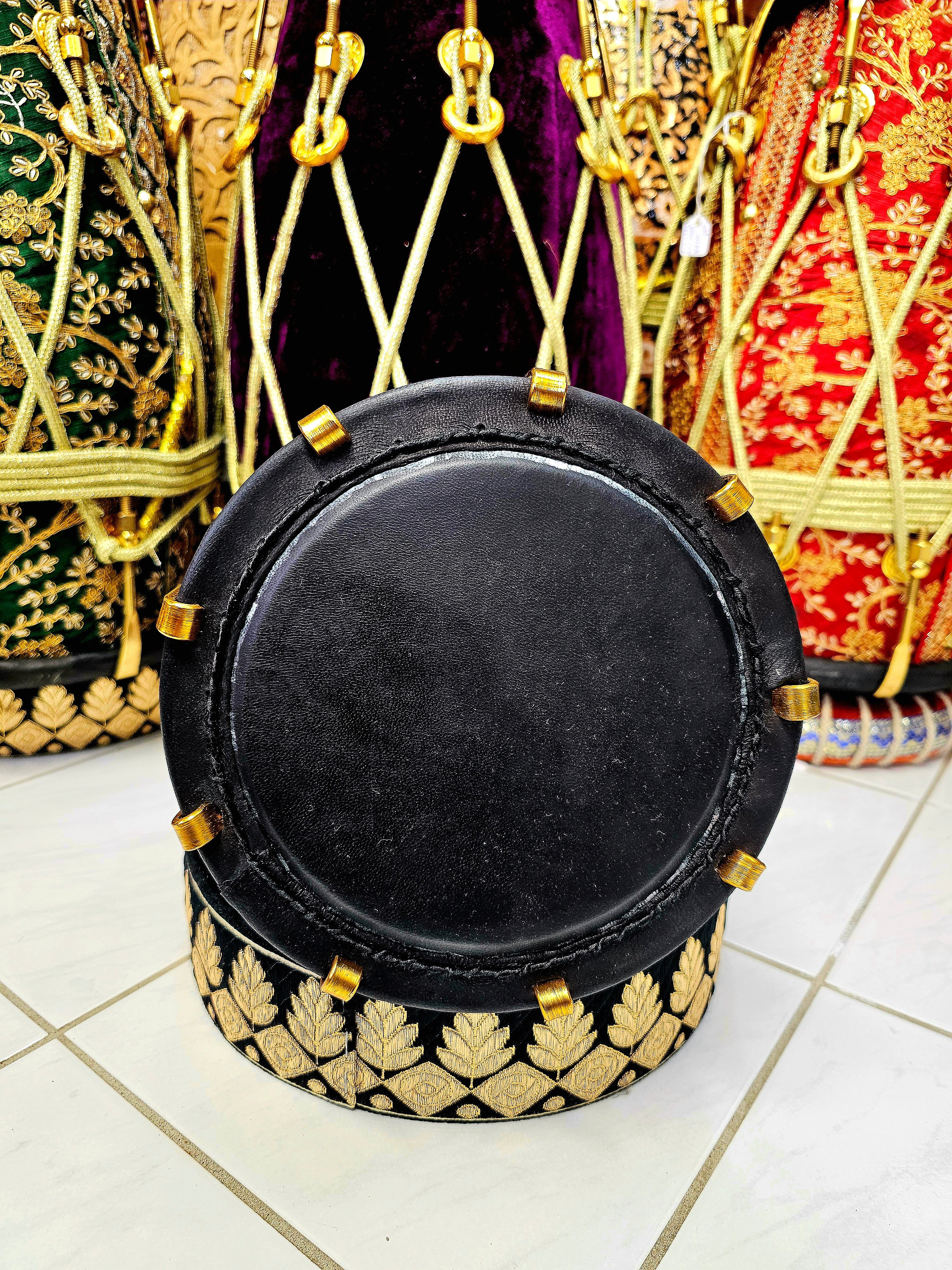 Sapphire Serenade: 6.25" Red Sheesham Half-Dholak with Blue Velvet Wrap, Golden Brass Accents, Ropes Design, and Ebony Black Skin *Minor Skin Discolouration*
