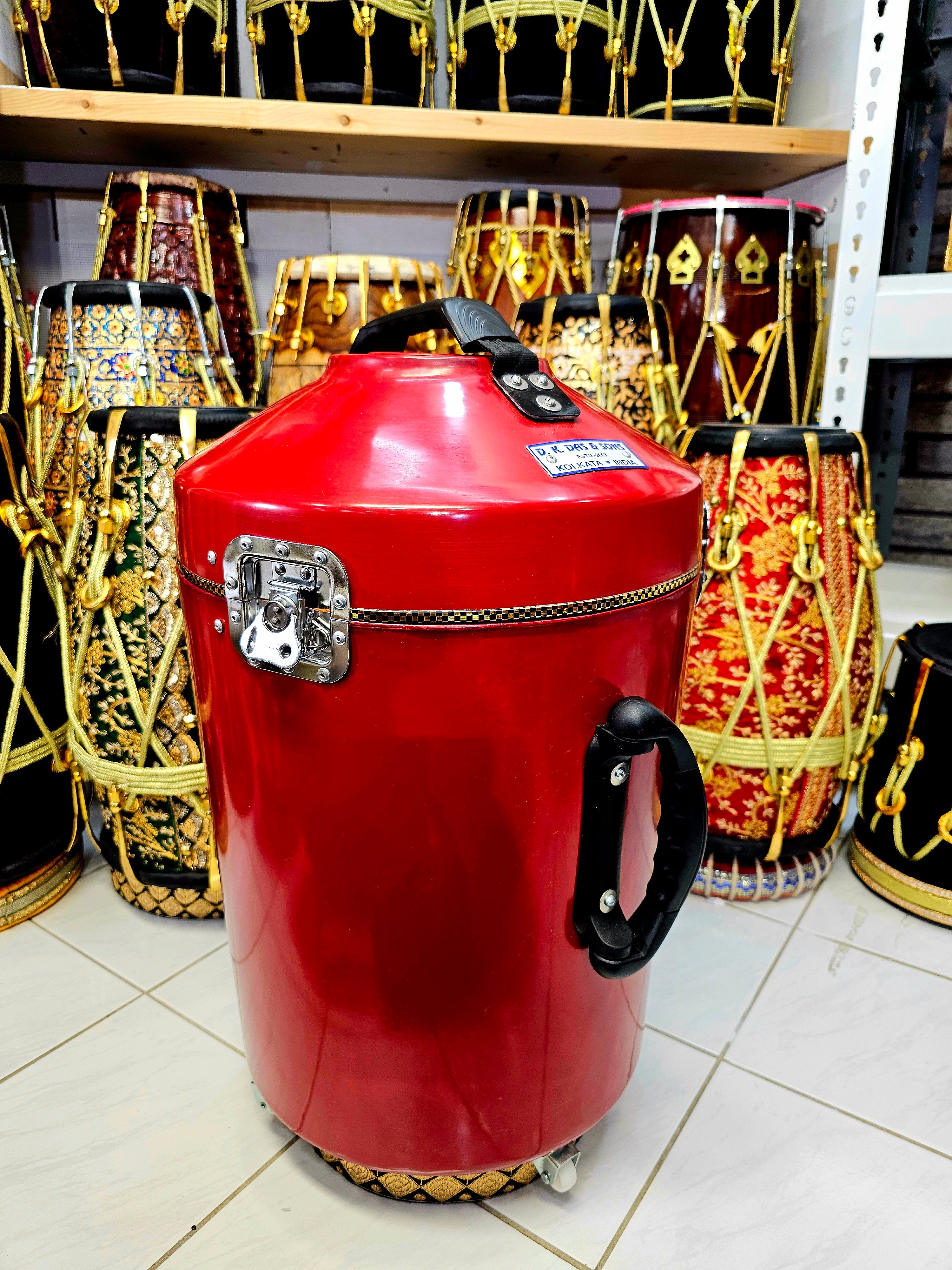 Revived Rhythms: Refurbished Red Dholak Case with Vertical & Horizontal Handles, Dual Lock Mechanism, and 360-Degree Wheels