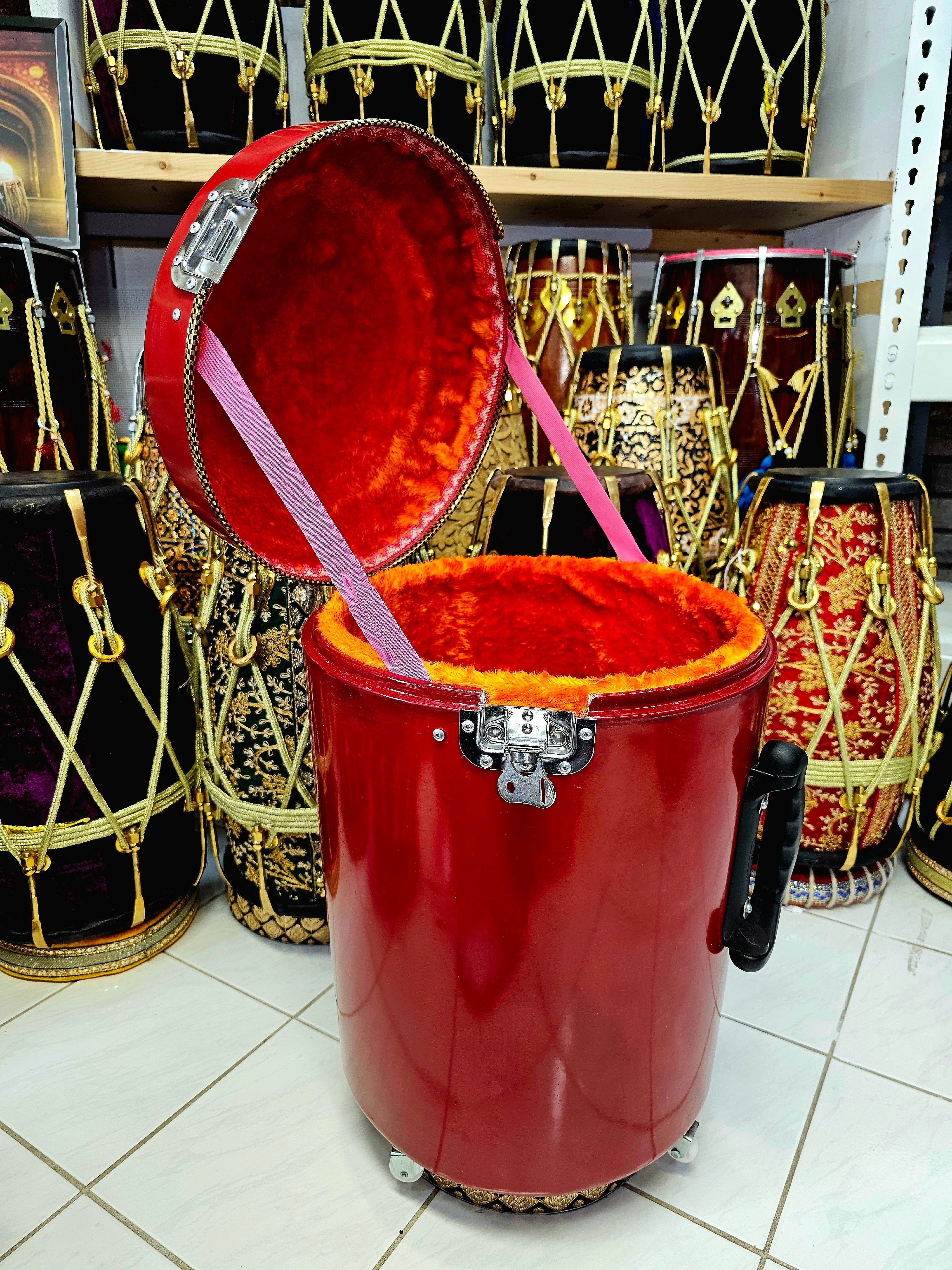 Revived Rhythms: Refurbished Red Dholak Case with Vertical & Horizontal Handles, Dual Lock Mechanism, and 360-Degree Wheels