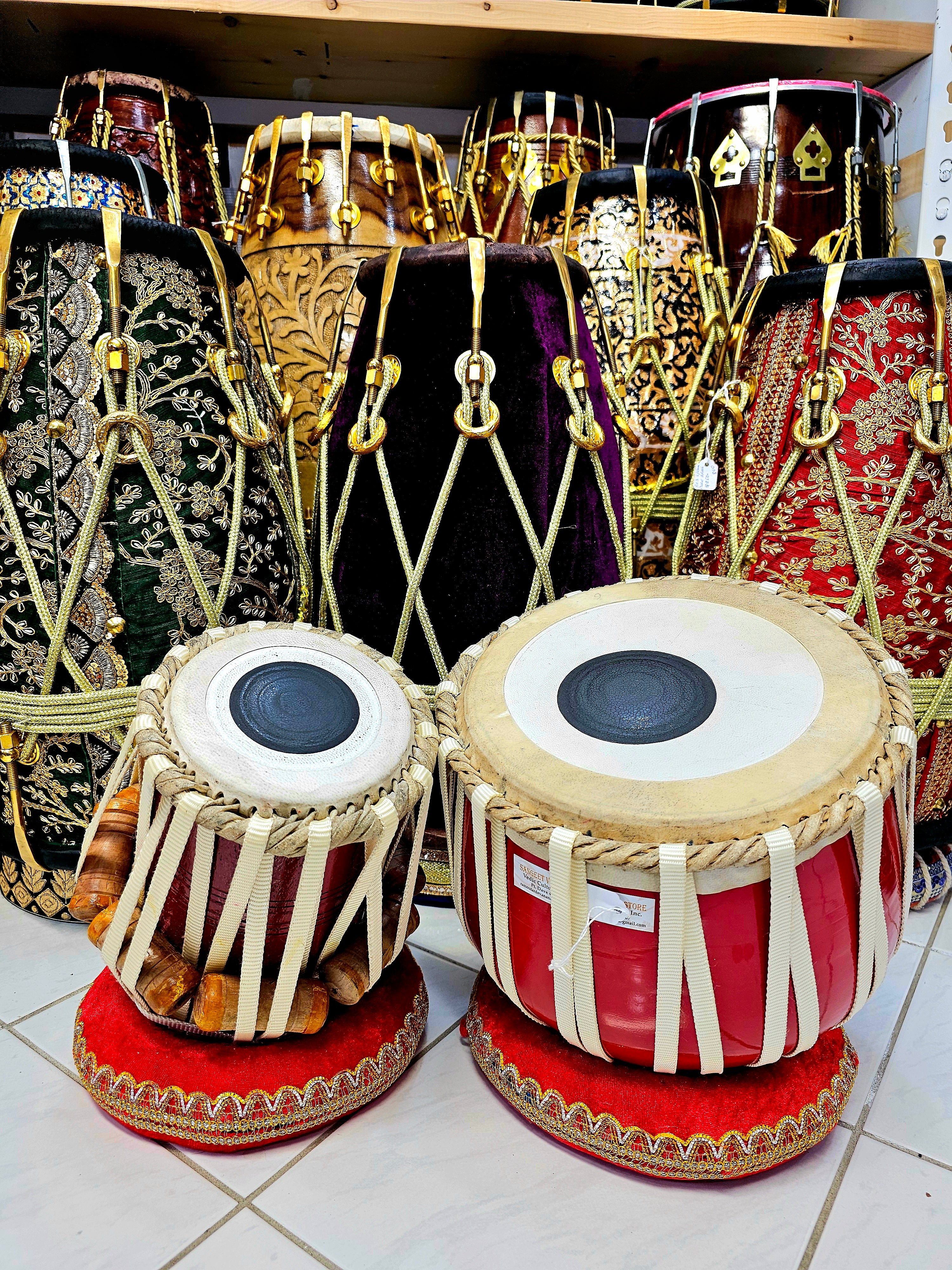 Rhythmic Rouge: 5" C# Mango Wood Dayan + 8.75" Steel Bayan Red Painted Tabla Set with Minor Buzzing Defect and Minor Cosmetic Defects