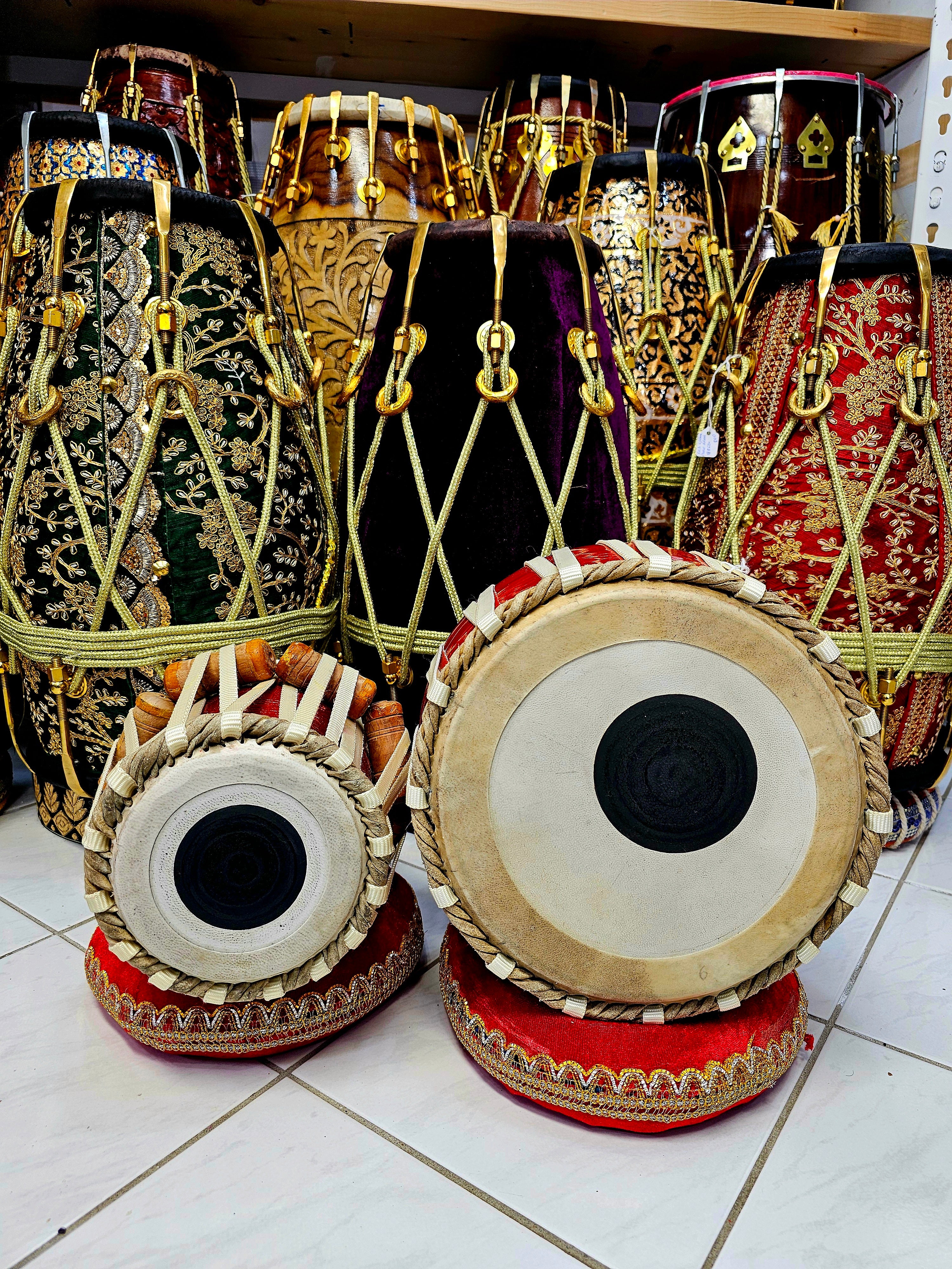 Rhythmic Rouge: 5" C# Mango Wood Dayan + 8.75" Steel Bayan Red Painted Tabla Set with Minor Buzzing Defect and Minor Cosmetic Defects