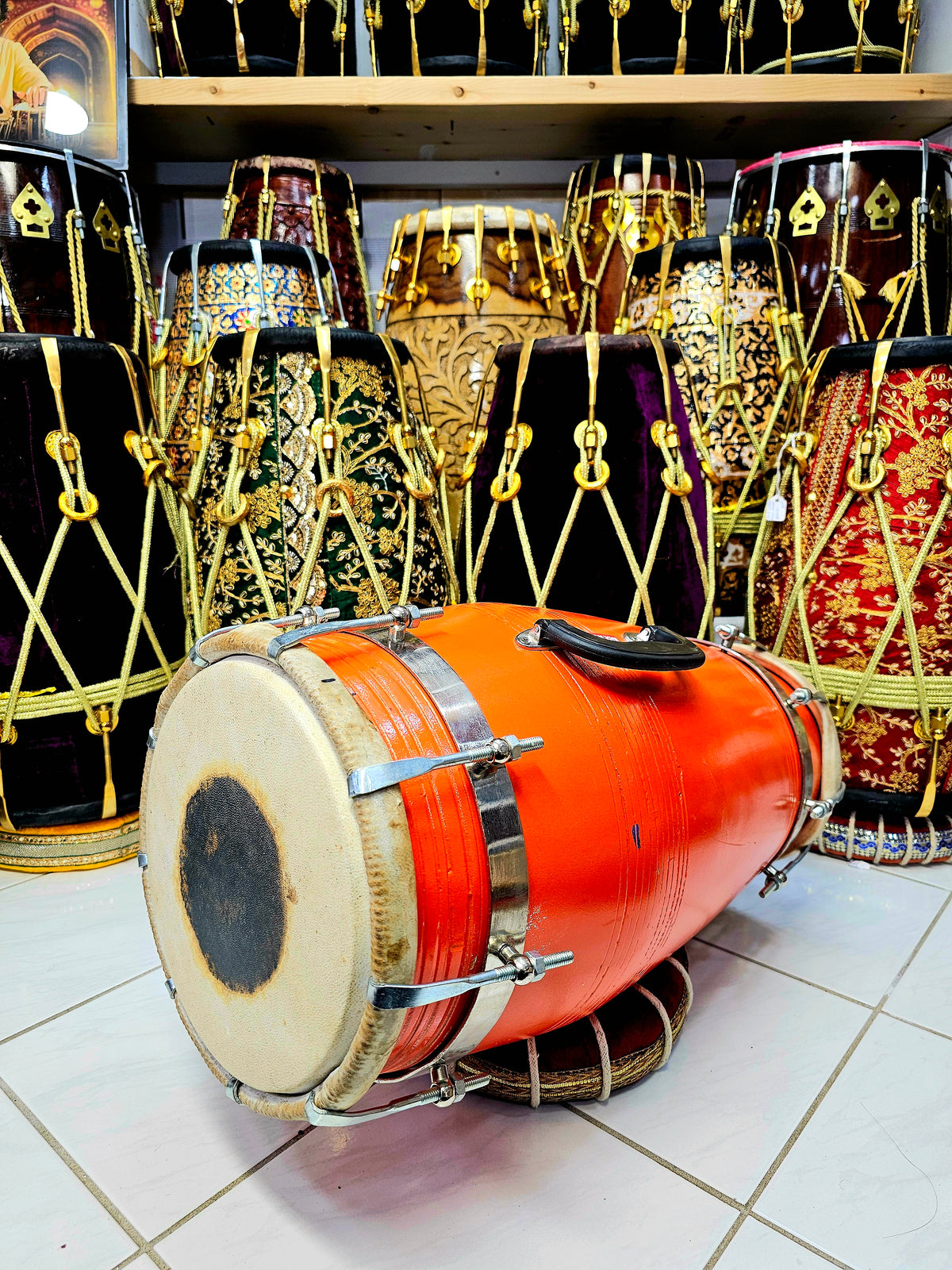 Sunburst Prodigy: Large Orange Professional Mango Wood Dholak with Minor Filled-in Cracks