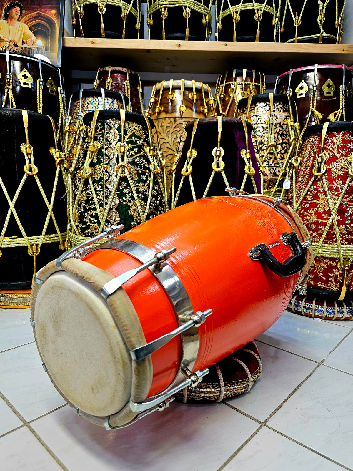 Sunburst Prodigy: Large Orange Professional Mango Wood Dholak with Minor Filled-in Cracks