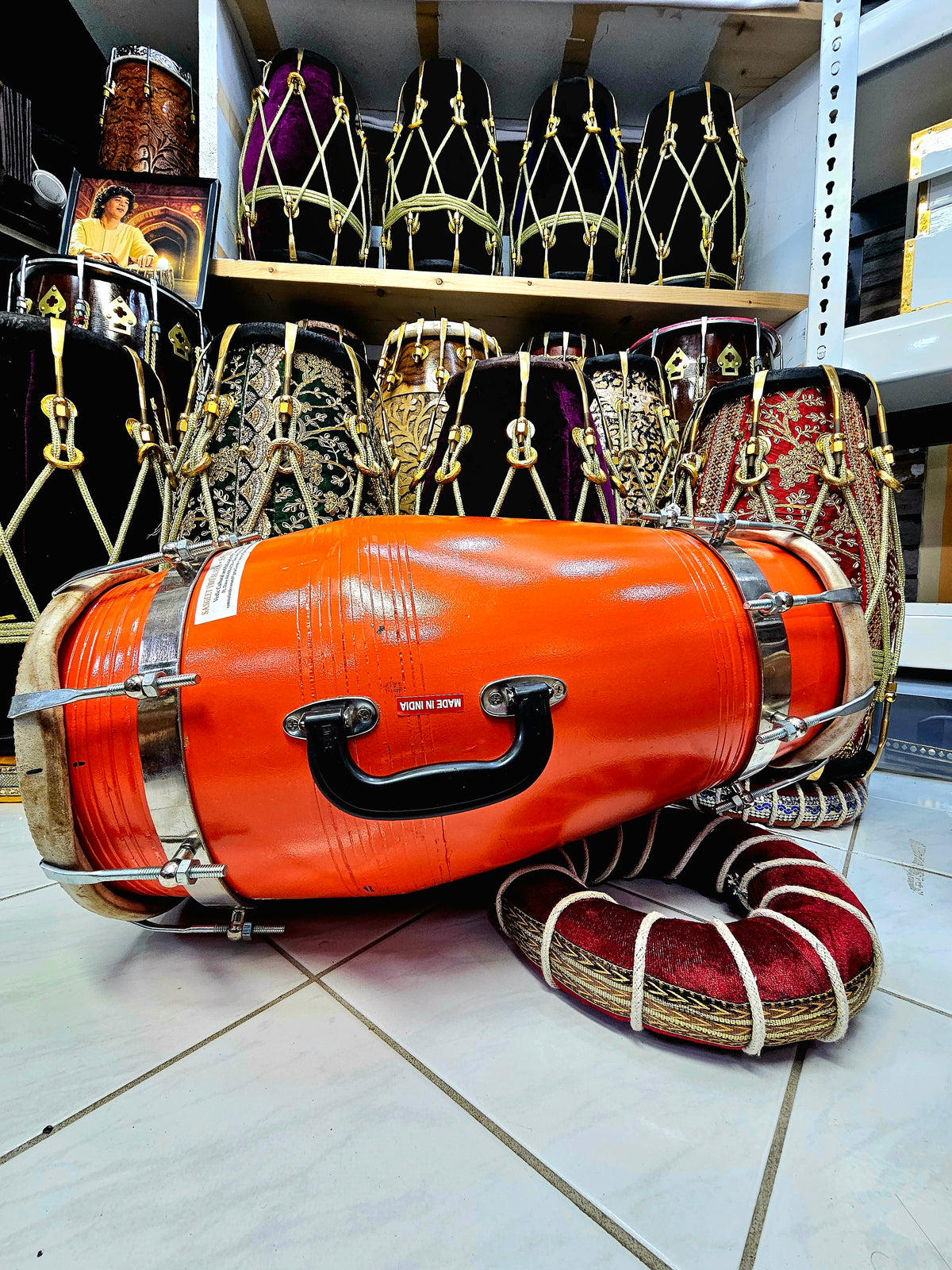 Sunburst Prodigy: Large Orange Professional Mango Wood Dholak with Minor Filled-in Cracks