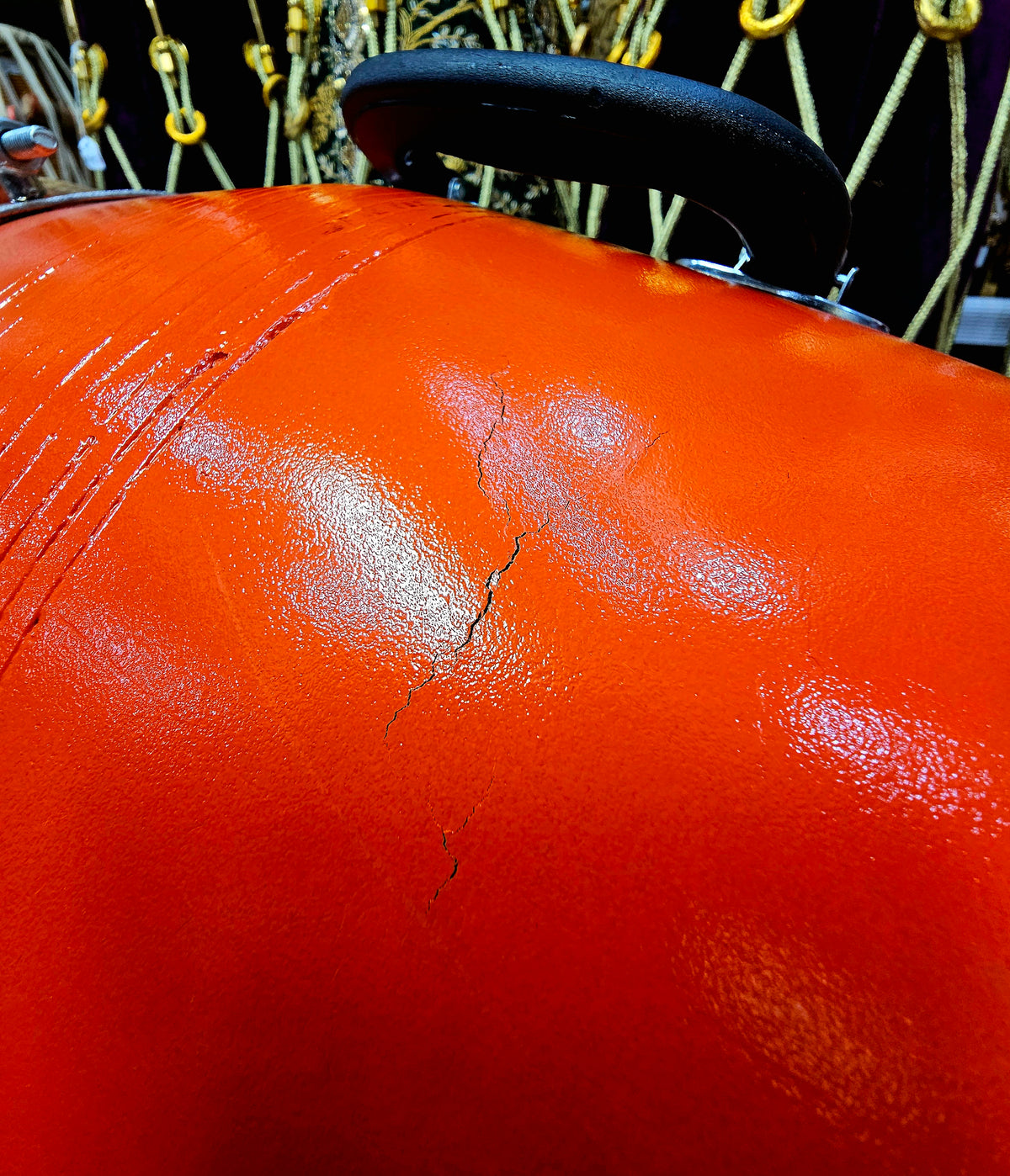 Sunburst Prodigy: Large Orange Professional Mango Wood Dholak with Minor Filled-in Cracks
