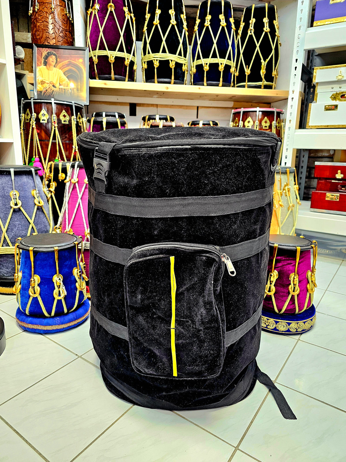 Royal Tiger Beat: Premium Black Velvet Wrapped Red Sheesham Punjabi Dhol