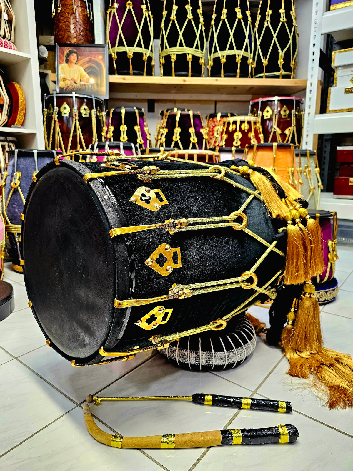 Royal Tiger Beat: Premium Black Velvet Wrapped Red Sheesham Punjabi Dhol