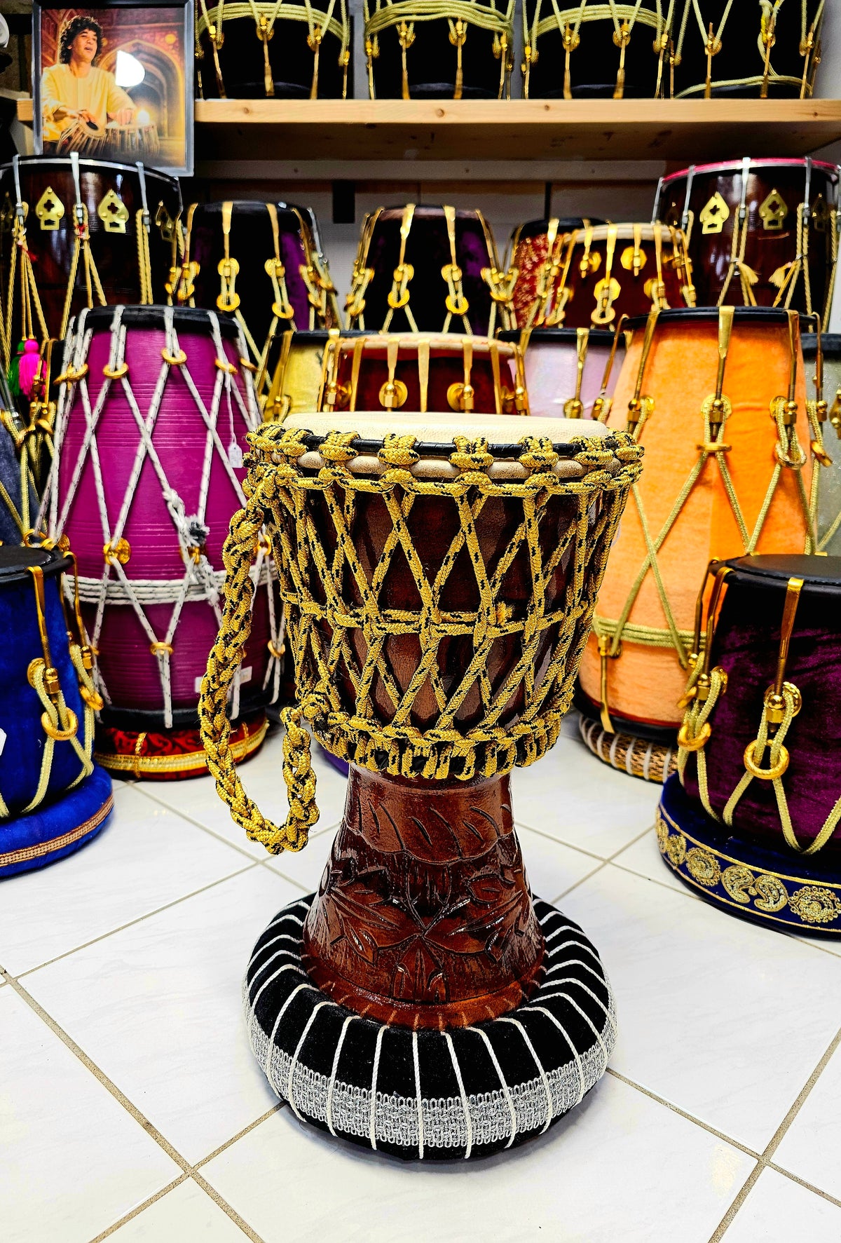 Sunset Serenity: Compact Engraved Red Sheesham Djembe with Yellow Ropes and Black Accents