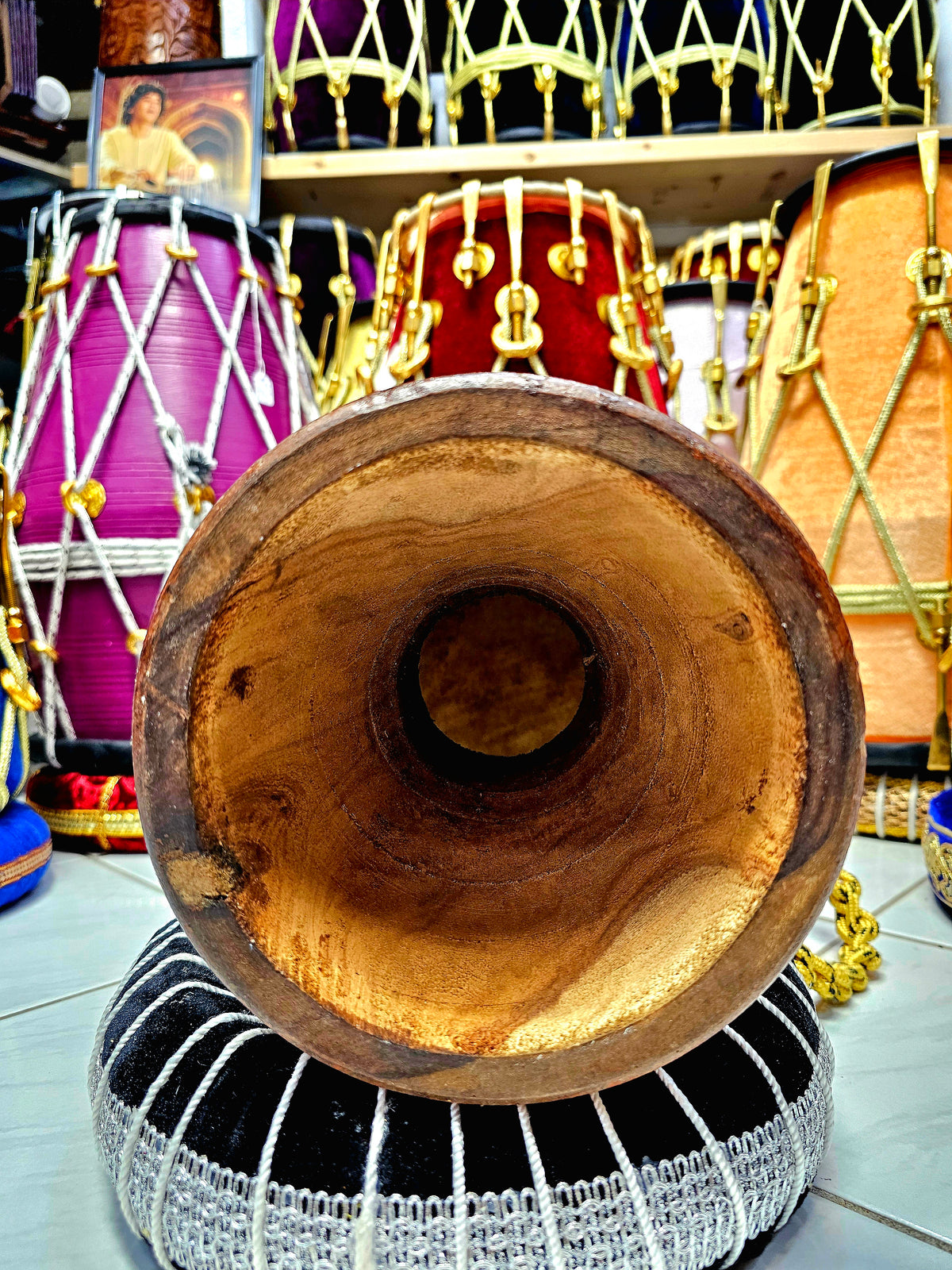 Sunset Serenity: Compact Engraved Red Sheesham Djembe with Yellow Ropes and Black Accents