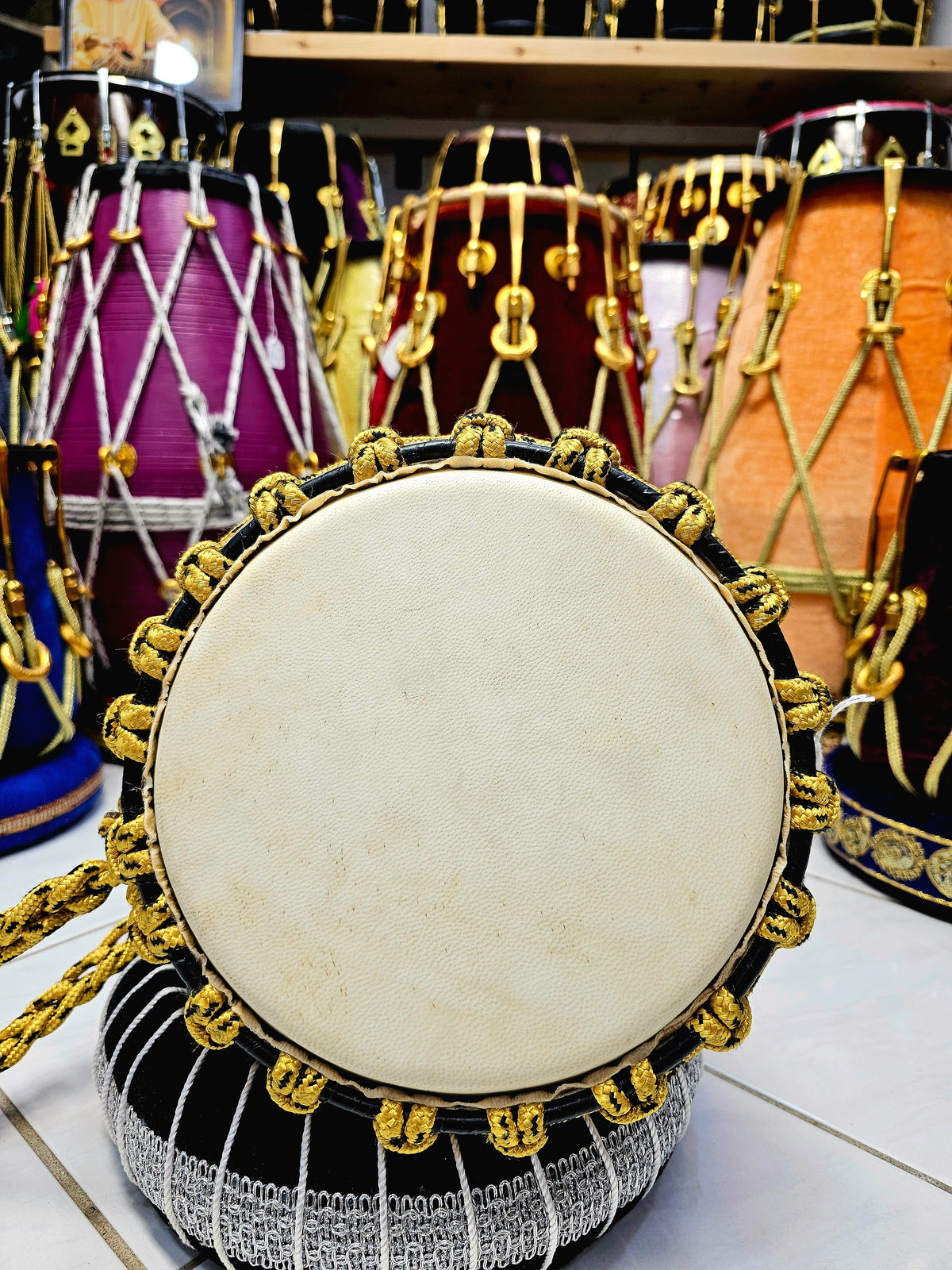 Sunset Serenity: Compact Engraved Red Sheesham Djembe with Yellow Ropes and Black Accents