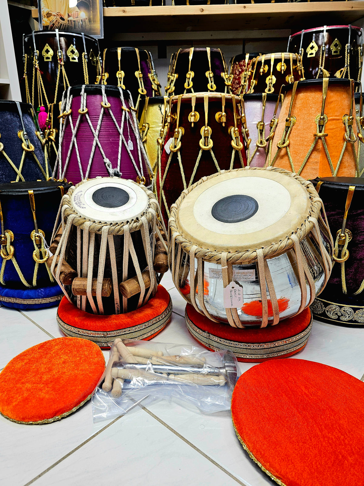 Ruby Rhythm: 5 5/8" D Red Sheesham Dayan + 9.25" 4.4kg Traditional Brass Bayan Professional Tabla Set *Minor Polish Chips on Bayan*