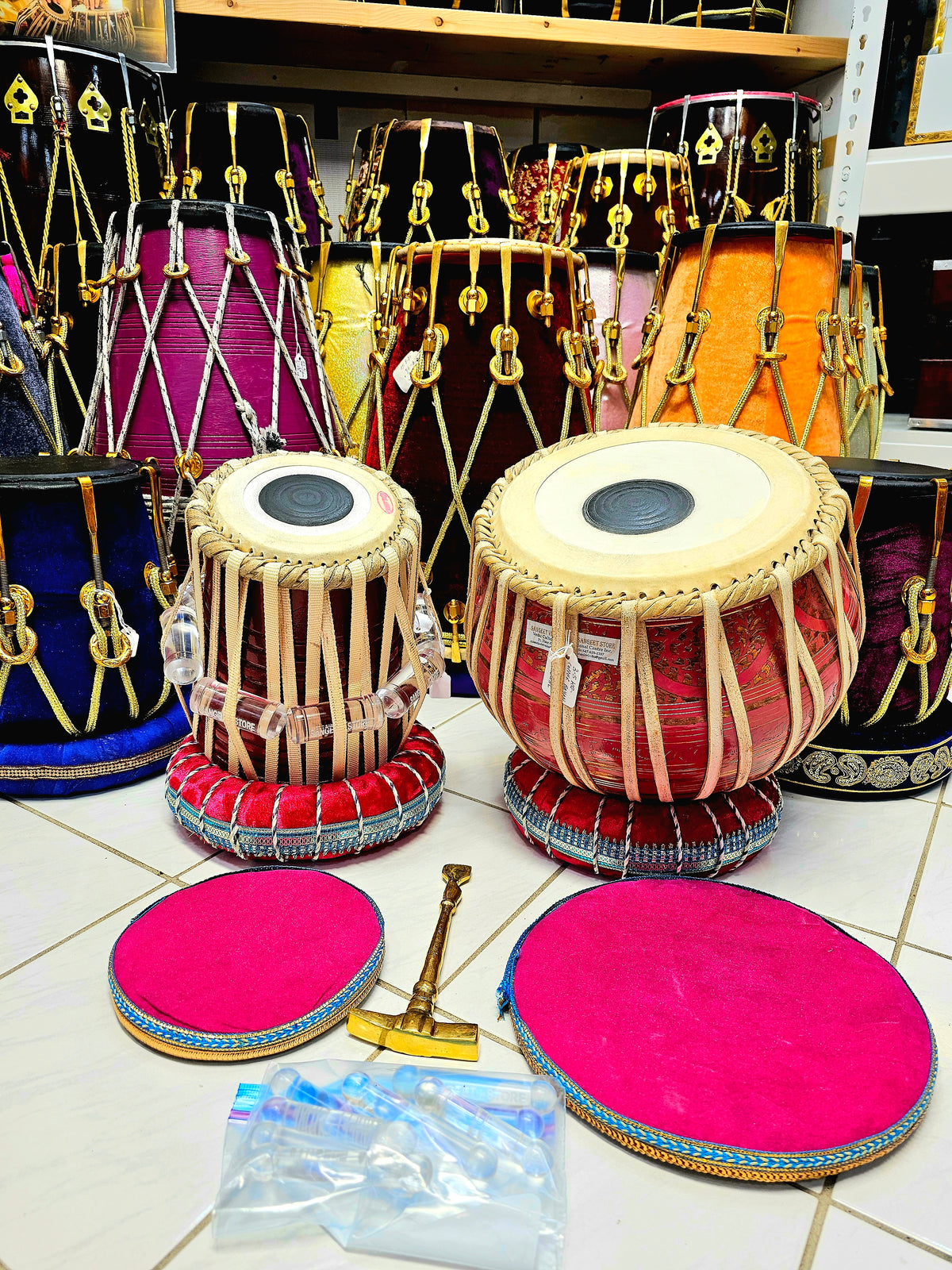 Crimson Pink Serenade: 5.25" Red Painted Red Sheesham C# Nylon Strapped Dayan + 9.25" 3.5kg Pink Painted Bronze Copper Bayan Professional Tabla Set