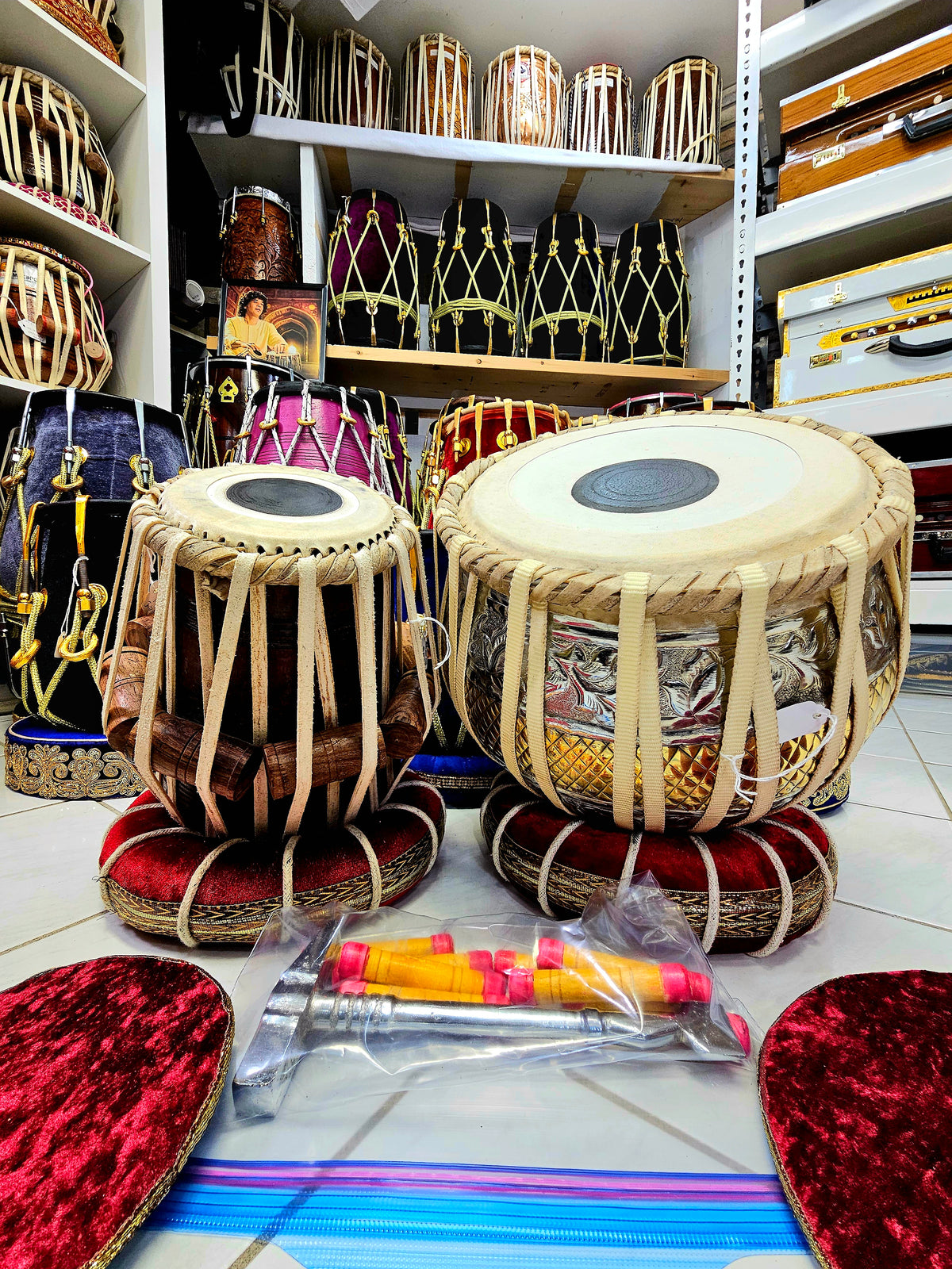 Scarlet Symphony: 5" D# Red Sheesham Jonty Dayan + 9.25" 2 Tone Engraved Brass Bayan Pro Tabla Set *Clearance Sale*