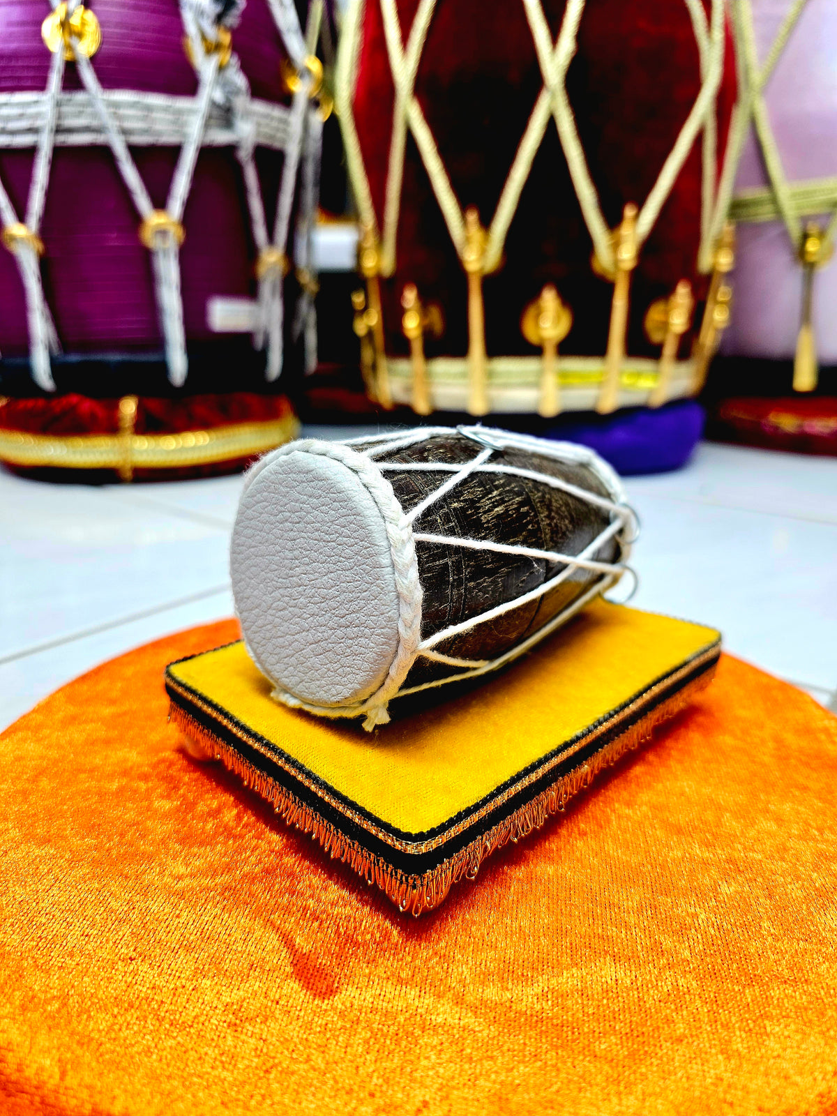 Sunshine Serenade: Mini Decorative Dholak Display (Yellow Base)