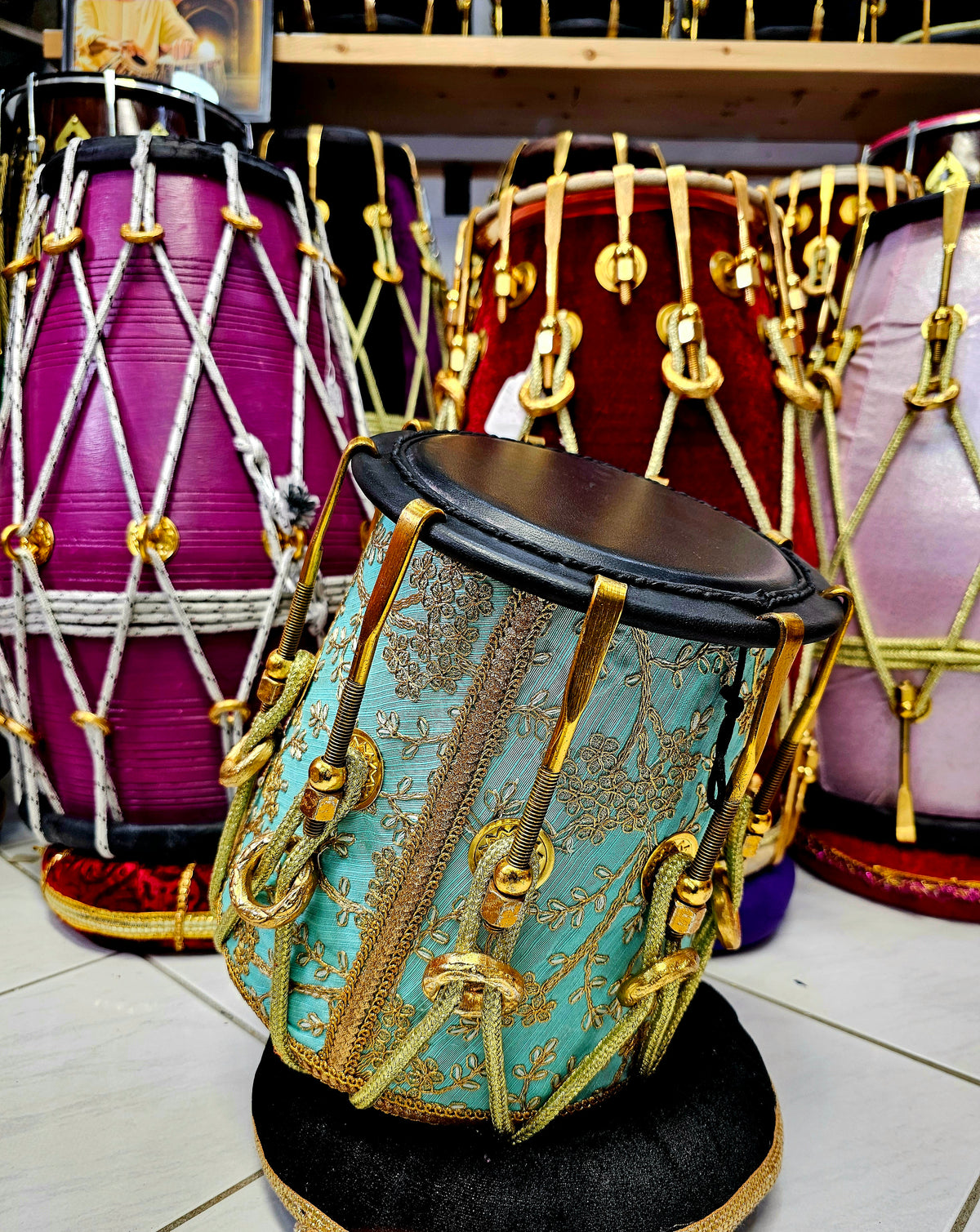 Royal Teal Symphony: Teal and Gold Sherwani Wrapped Red Sheesham Reverse Syaahi Half-Dholak with Golden Pure Brass Bolts, Thin-Rimmed Black Skin, and Golden Ropes Design