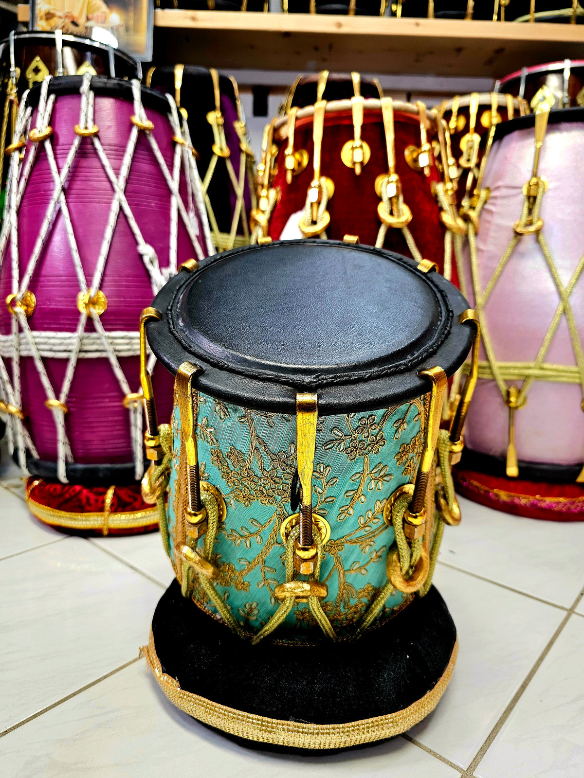 Royal Teal Symphony: Teal and Gold Sherwani Wrapped Red Sheesham Reverse Syaahi Half-Dholak with Golden Pure Brass Bolts, Thin-Rimmed Black Skin, and Golden Ropes Design