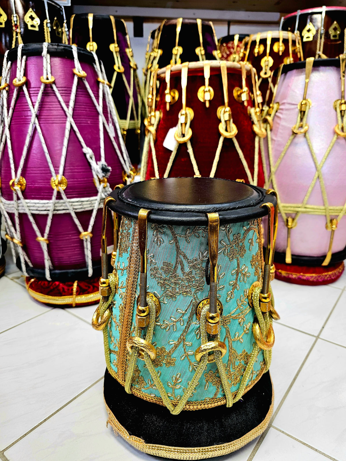Royal Teal Symphony: Teal and Gold Sherwani Wrapped Red Sheesham Reverse Syaahi Half-Dholak with Golden Pure Brass Bolts, Thin-Rimmed Black Skin, and Golden Ropes Design