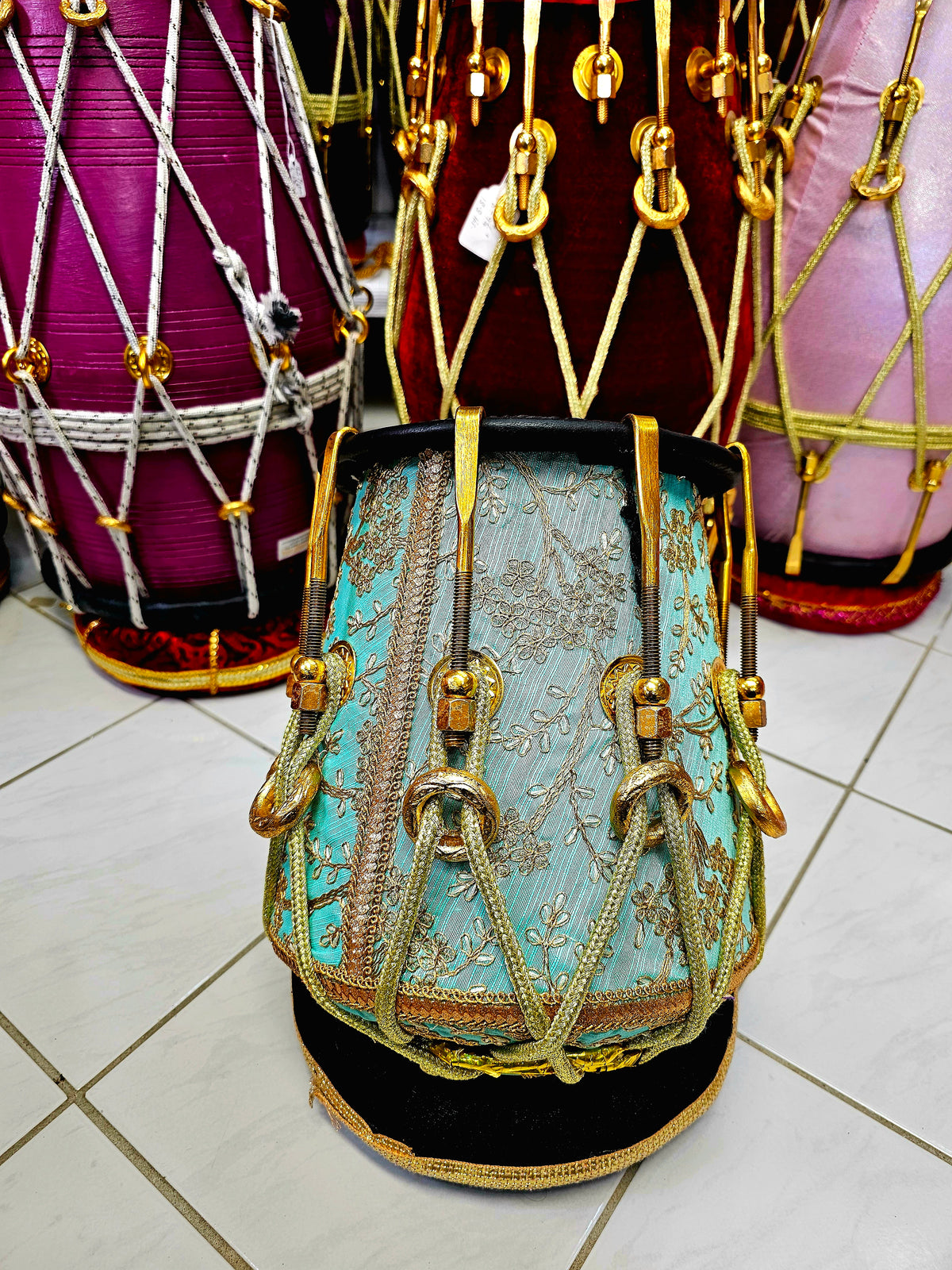 Royal Teal Symphony: Teal and Gold Sherwani Wrapped Red Sheesham Reverse Syaahi Half-Dholak with Golden Pure Brass Bolts, Thin-Rimmed Black Skin, and Golden Ropes Design