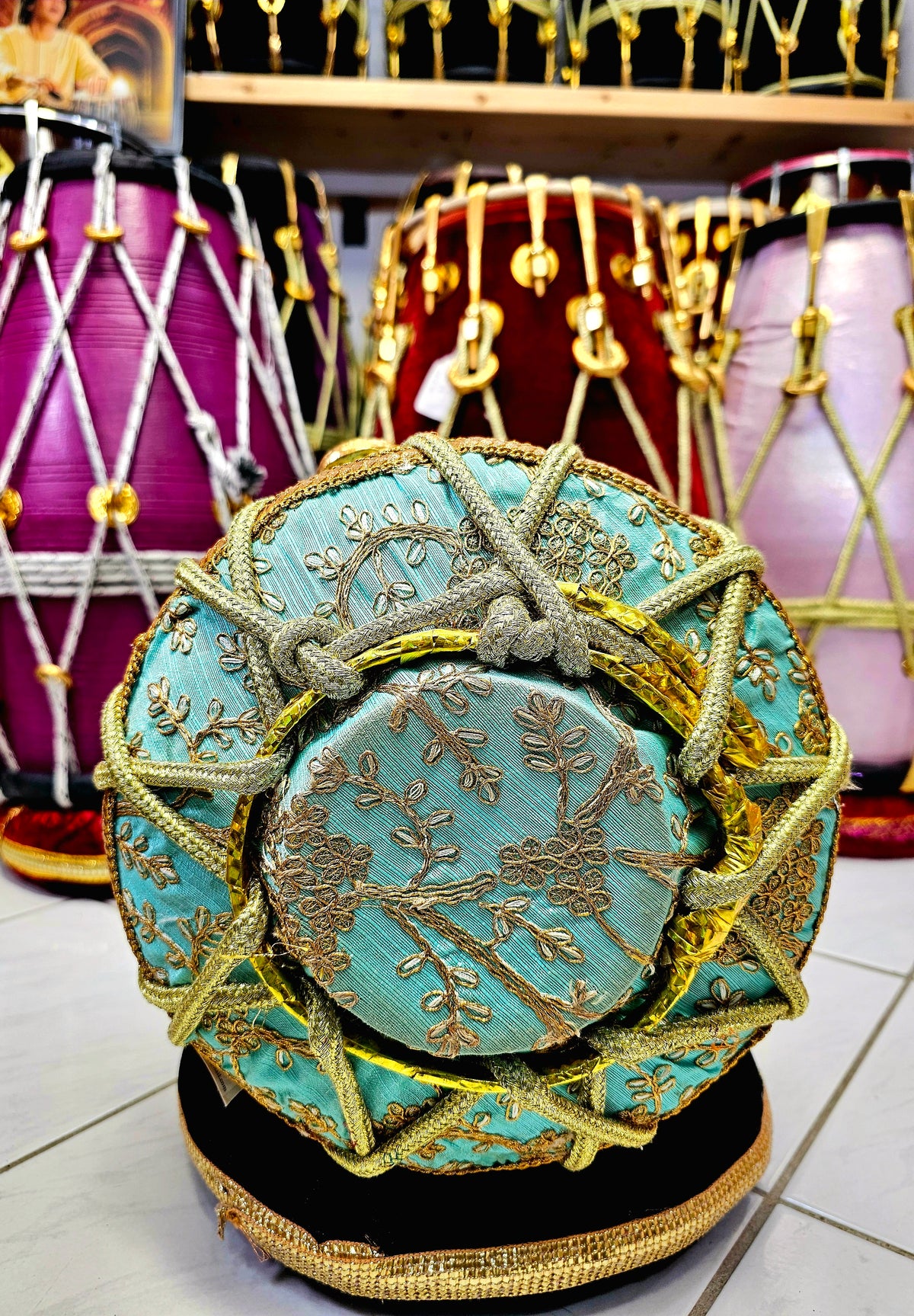Royal Teal Symphony: Teal and Gold Sherwani Wrapped Red Sheesham Reverse Syaahi Half-Dholak with Golden Pure Brass Bolts, Thin-Rimmed Black Skin, and Golden Ropes Design