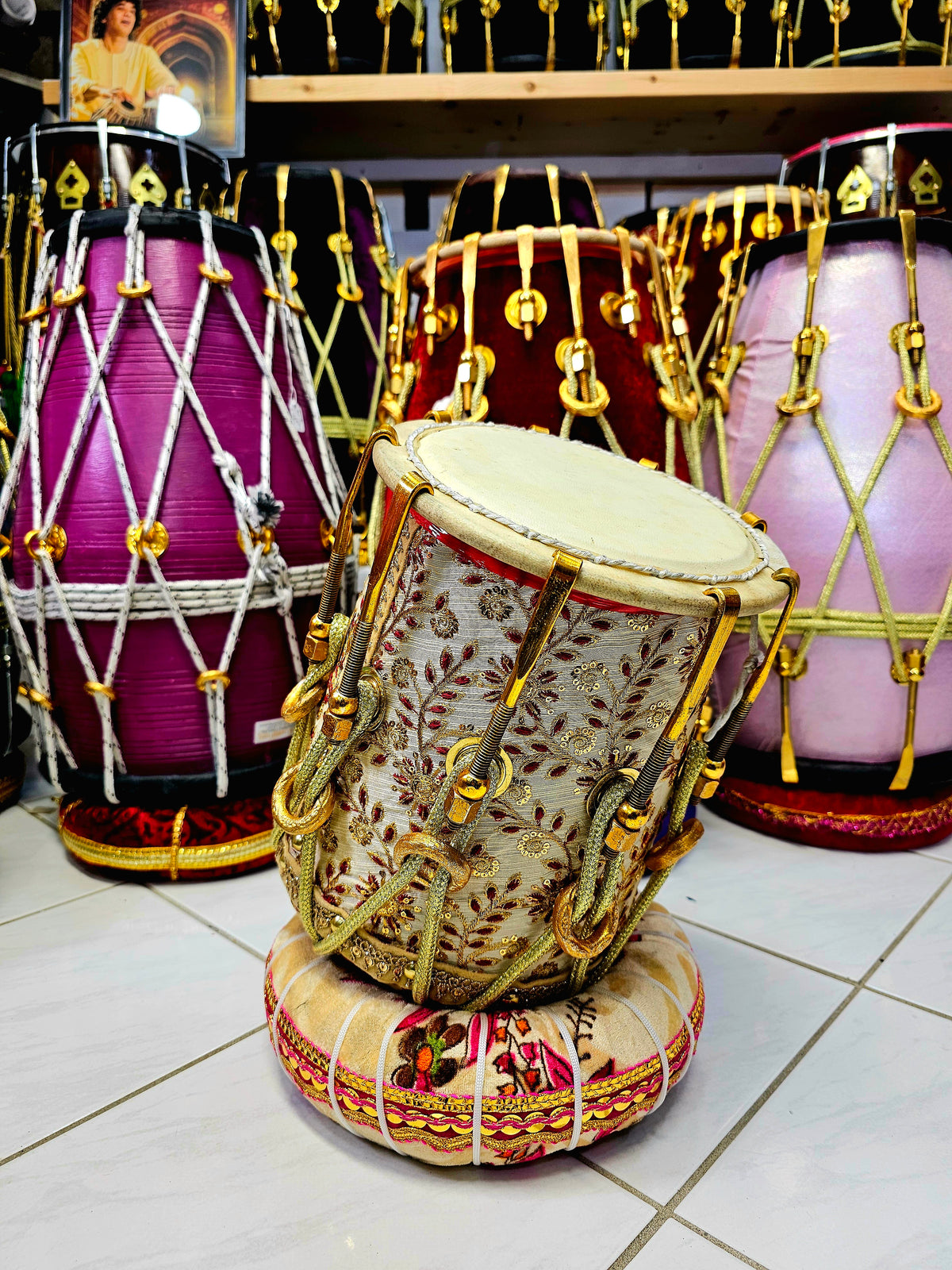 Sherwani Splendor: Cream with Red and Gold Accented Sherwani Wrapped Red Sheesham Reverse Syaahi Half-Dholak with Golden Pure Brass Bolts and Golden Ropes