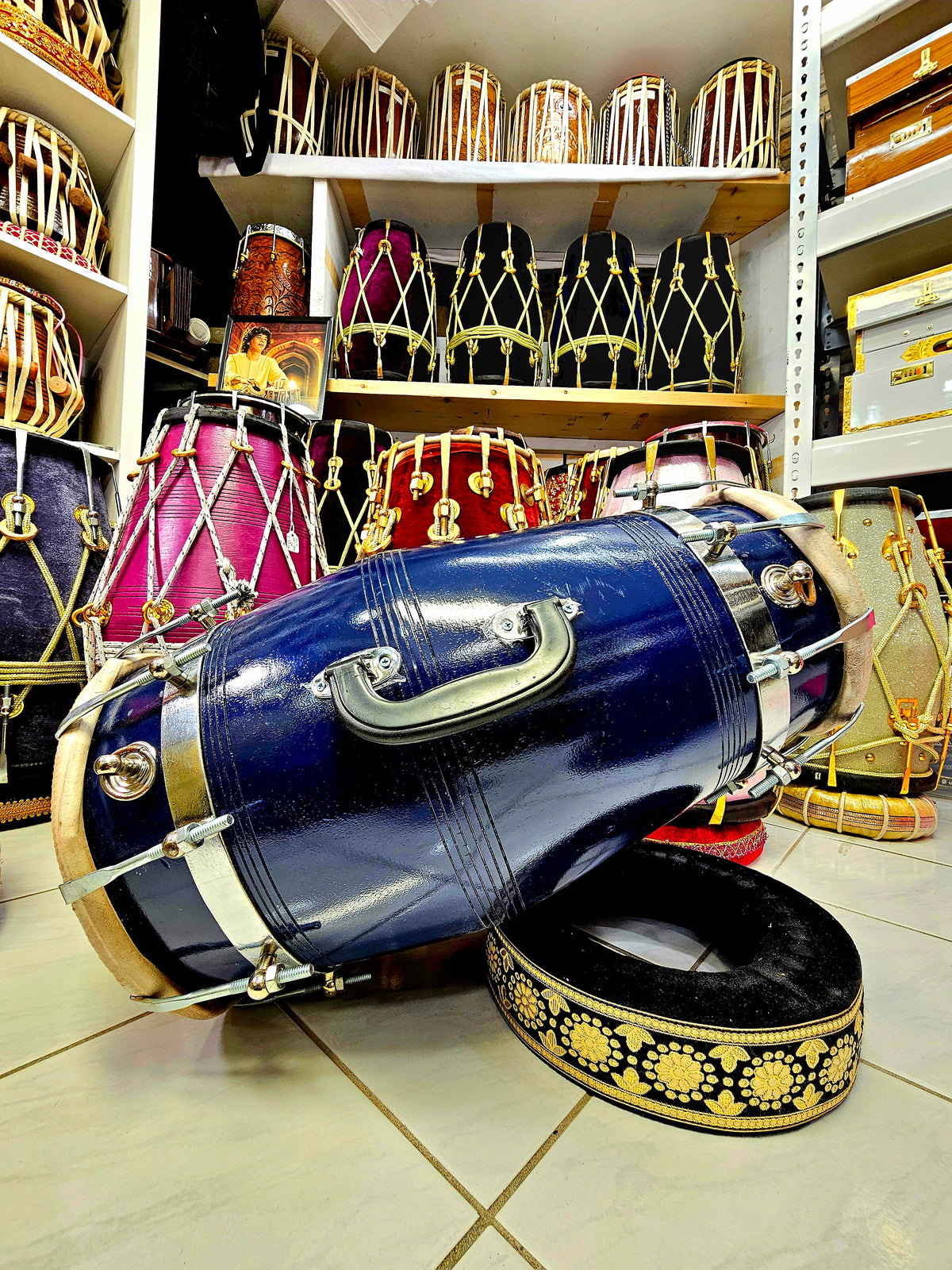 Krishna's Nautical Rhythm: Navy Blue Bolted Professional Dholak with Chrome Bolts, 2 Metal Rings, and Handle *DHOLAK CLEARANCE SALE* *DEPOSIT LINK*