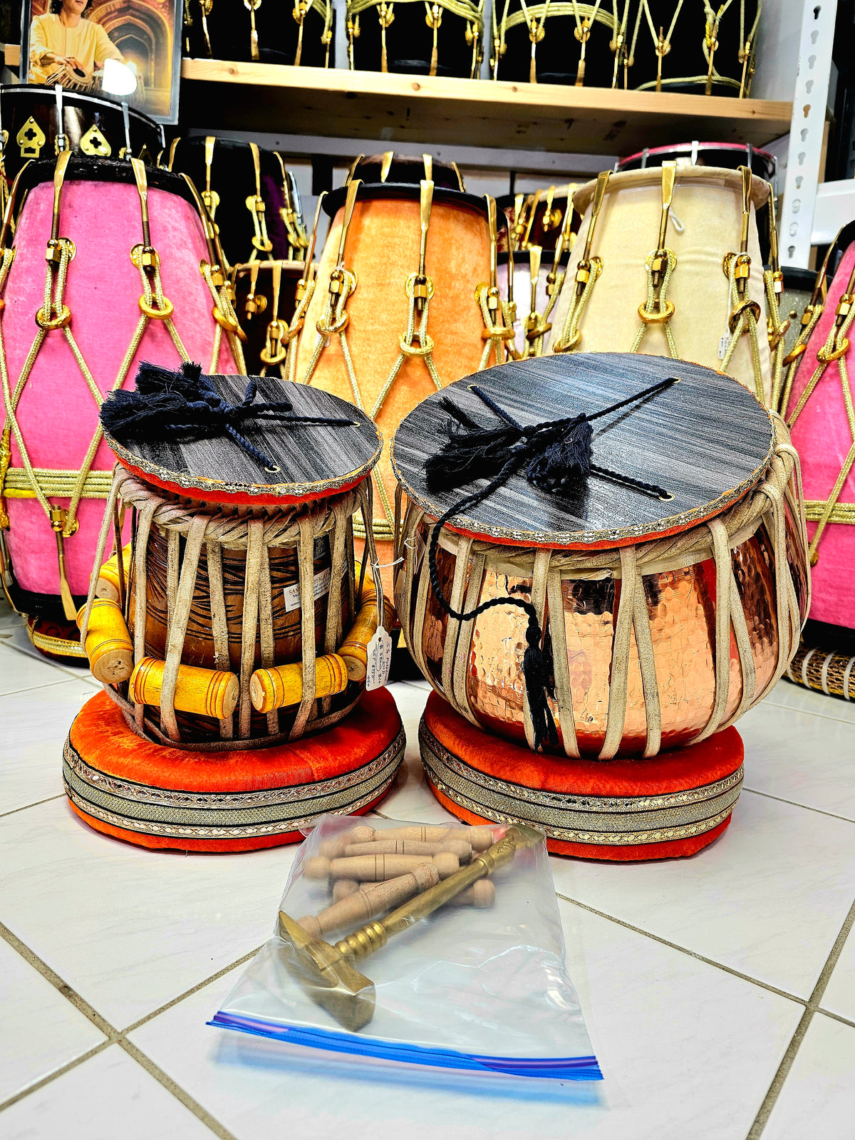 Mahogany Sonnet: 5.25" Mahogany Wood D# Dayan + 9.5" 4.1kg Bronze Copper Bayan Reverse Syaahi Exotic Professional Tabla Set *"Starting From" Price is for Dayan Only*