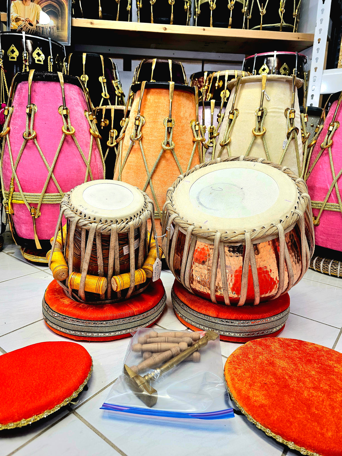 Mahogany Sonnet: 5.25" Mahogany Wood D# Dayan + 9.5" 4.1kg Bronze Copper Bayan Reverse Syaahi Exotic Professional Tabla Set *"Starting From" Price is for Dayan Only*