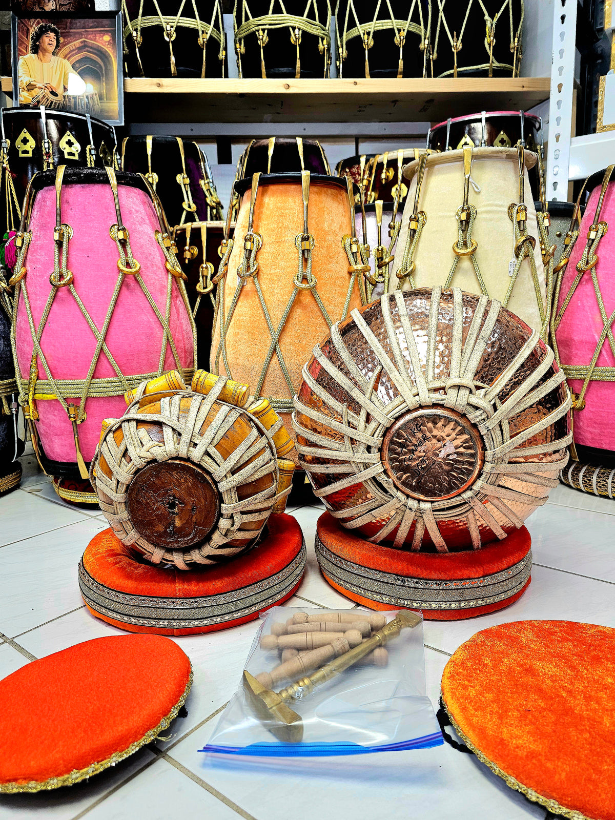 Mahogany Sonnet: 5.25" Mahogany Wood D# Dayan + 9.5" 4.1kg Bronze Copper Bayan Reverse Syaahi Exotic Professional Tabla Set *"Starting From" Price is for Dayan Only*