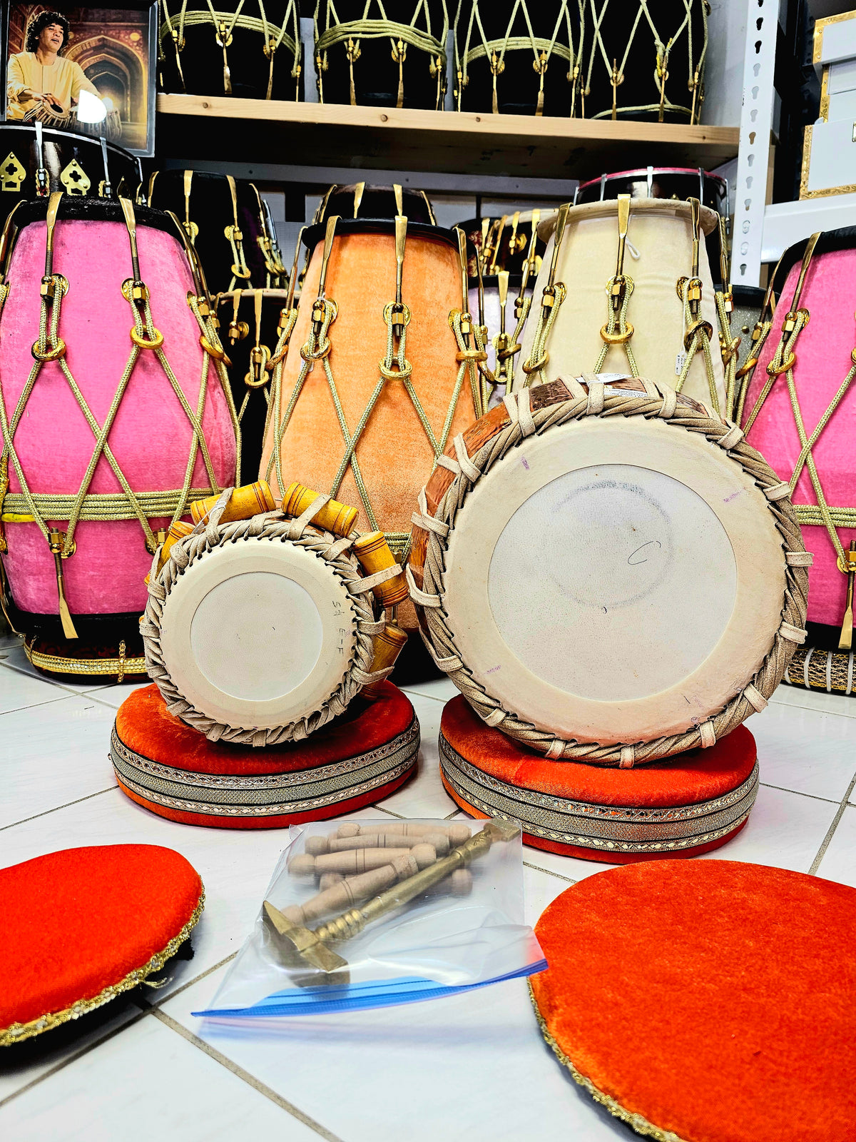 Mahogany Sonnet: 5.25" Mahogany Wood D# Dayan + 9.5" 4.1kg Bronze Copper Bayan Reverse Syaahi Exotic Professional Tabla Set *"Starting From" Price is for Dayan Only*