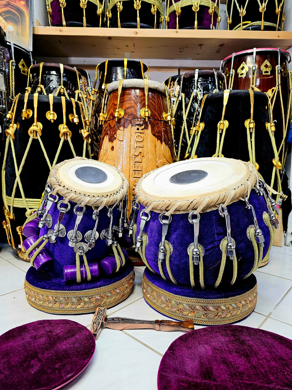 Royal Harmony: 5.5" Red Sheesham F/F# Dayan + 9.25" Copper Bayan Bolted Purple Velvet Wrapped Tabla Set *Clearance Sale*