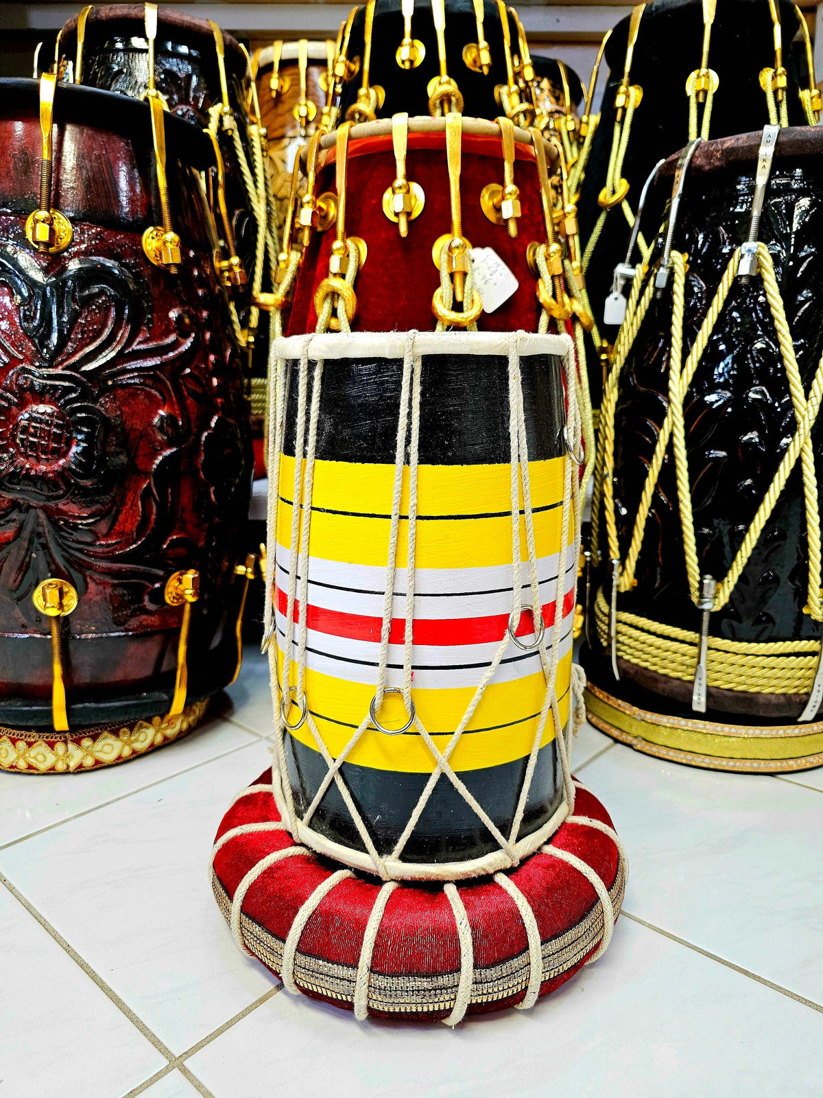 Black, Yellow, White & Red Striped Playable Toddler Dholak (1-3 Year Olds)