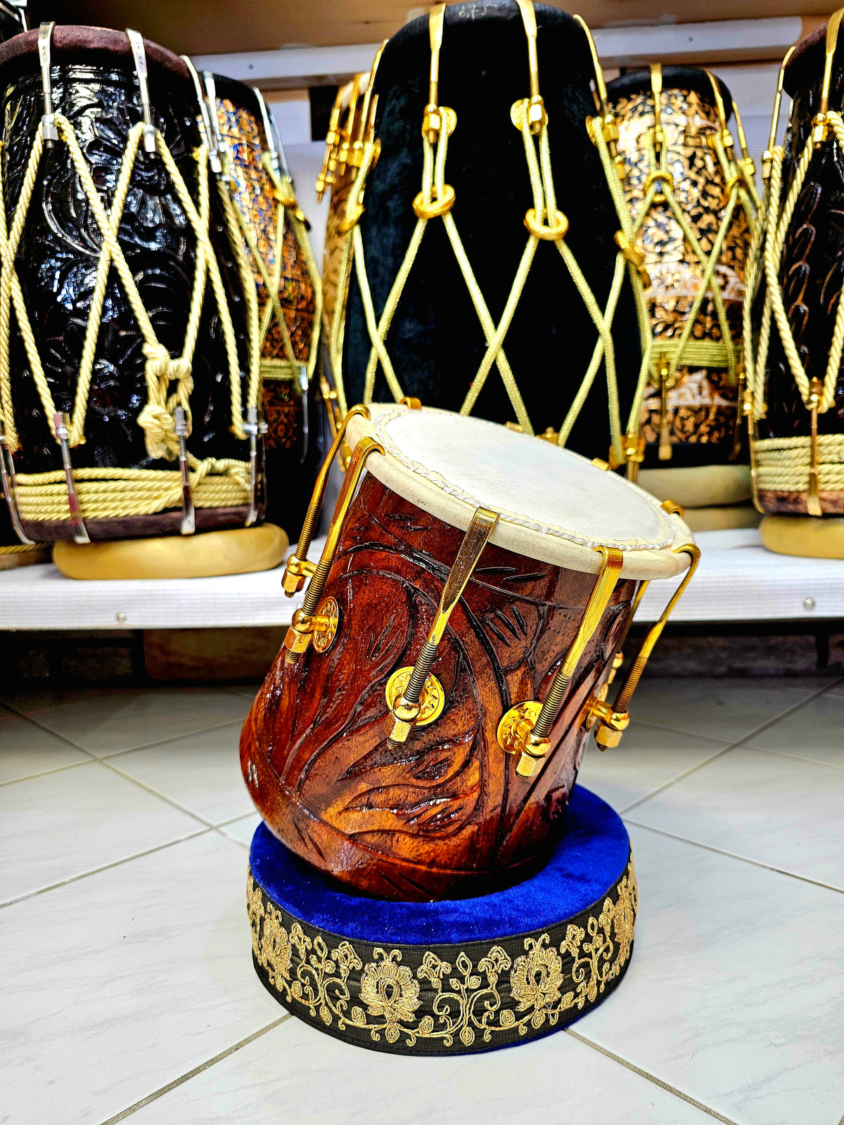 Leaf Harmony: Leaf Encarved Red Sheesham Tabla-Toned Half-Dholak with Golden Bolts