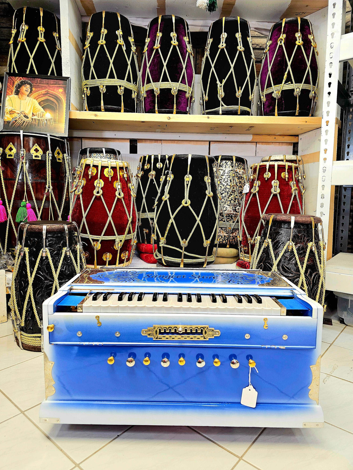 Azure Harmony: Blue & White Blended 3-Reed Boxed 9 Scale-Changer Harmonium *Minor discolourations + minor cosmetic defects at back*